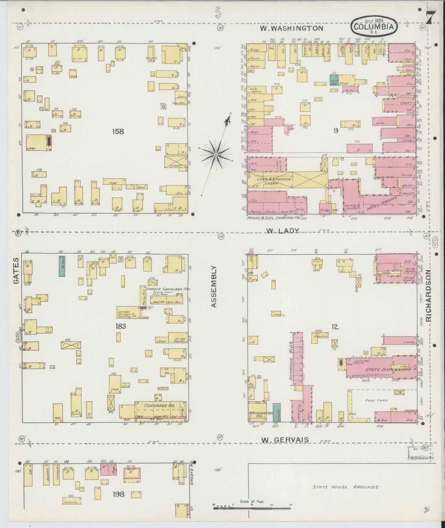Sanborn Fire Insurance Map from Columbia, Richland County, South Carolina (1893), Sheet #0007 - Complete Map Set gallery image, historic Sanborn map, vintage wall art, South Carolina South Carolina