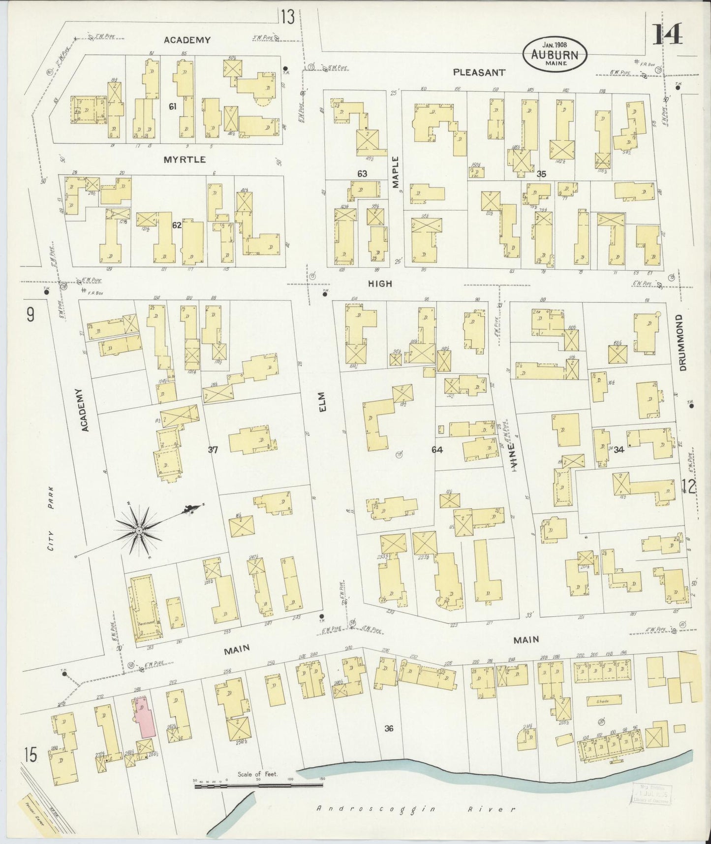 Sanborn Fire Insurance Map from Auburn, Androscoggin County, Maine (1908), Sheet #0014 - Complete Map Set gallery image, historic Sanborn map, vintage wall art, Maine Maine