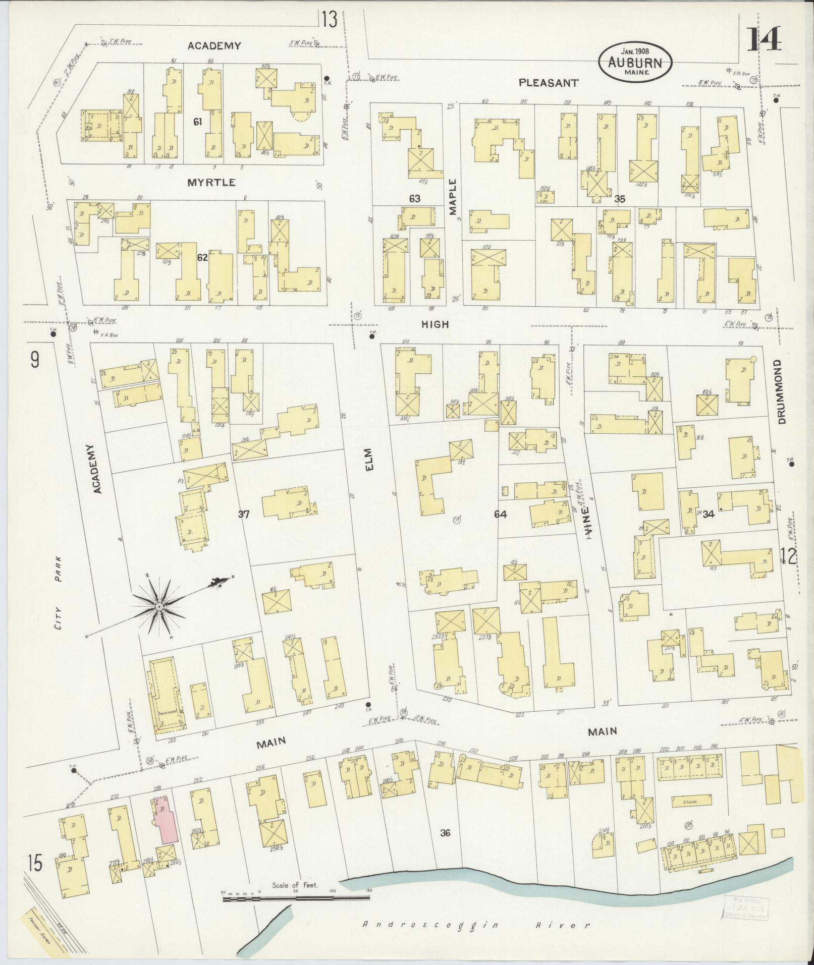 Sanborn Fire Insurance Map from Auburn, Androscoggin County, Maine (1908), Sheet #0014 - Complete Map Set gallery image, historic Sanborn map, vintage wall art, Maine Maine