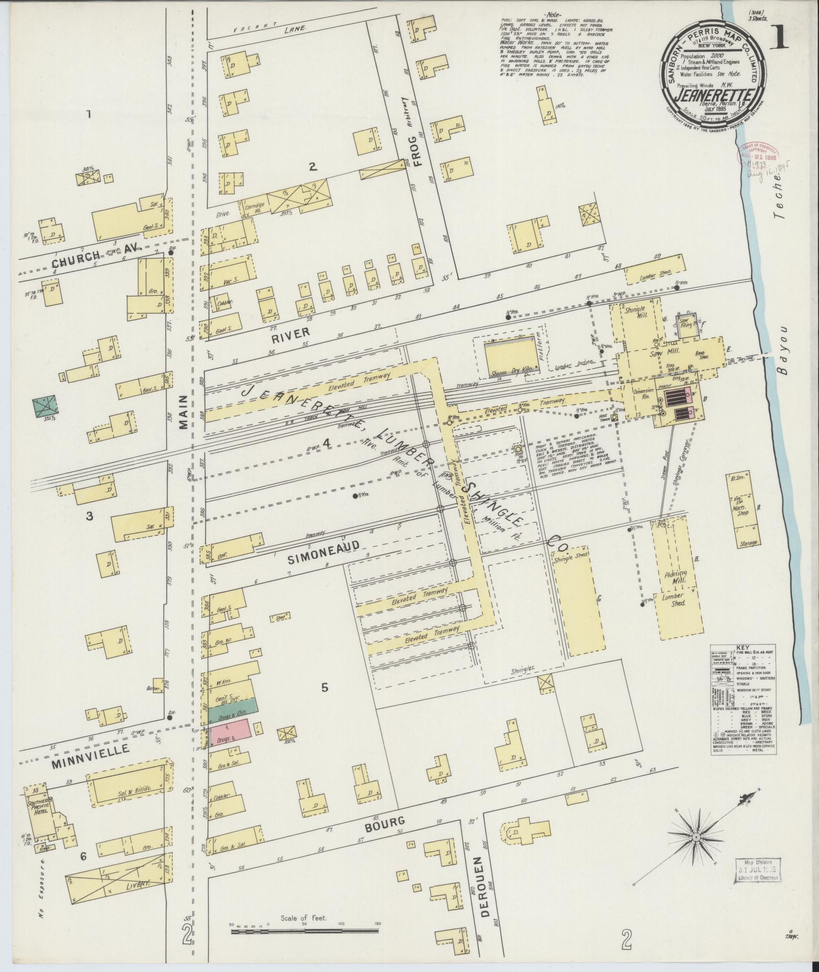 Sanborn Fire Insurance Map from Jeannerette, Iberia Parish, Louisiana (1895), Sheet #0001 - Historic Sanborn Fire Insurance Map Print, vintage old map wall art, antique decor, genealogy gift, Louisiana Louisiana map