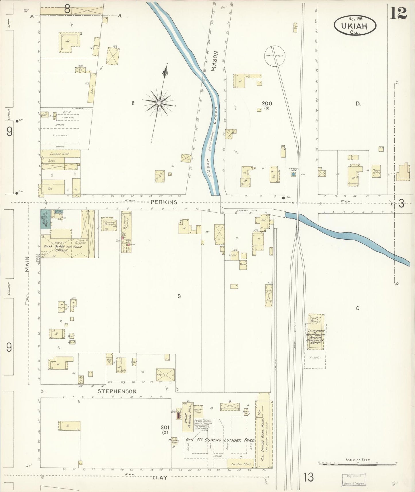 Sanborn Fire Insurance Map from Ukiah, Mendocino County, California (1898), Sheet #0012 - Complete Map Set gallery image, historic Sanborn map, vintage wall art, California California