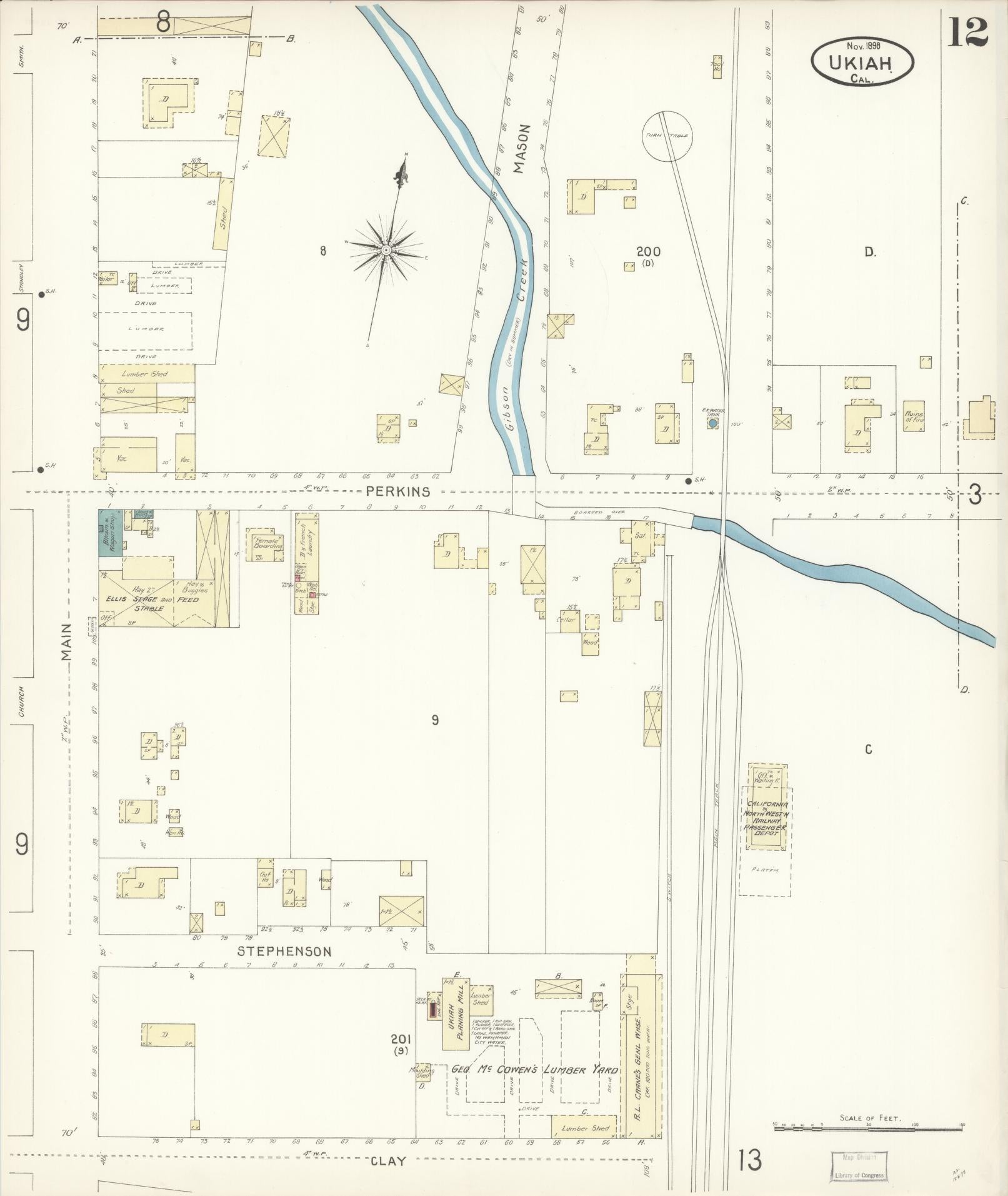 Sanborn Fire Insurance Map from Ukiah, Mendocino County, California (1898), Sheet #0012 - Complete Map Set gallery image, historic Sanborn map, vintage wall art, California California