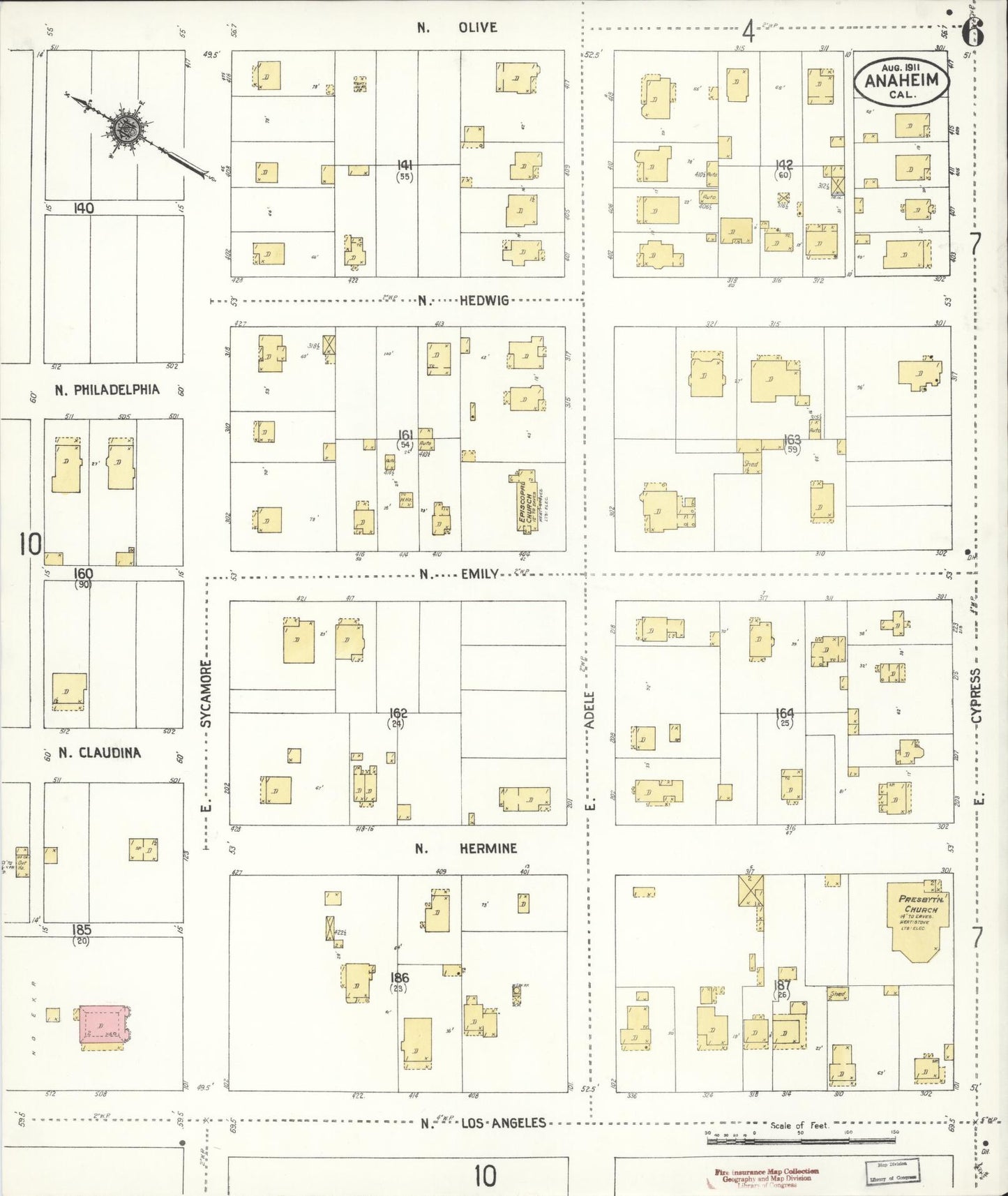 Sanborn Fire Insurance Map from Anaheim, Orange County, California (1911), Sheet #0006 - Historic Sanborn Fire Insurance Map Print, vintage old map wall art, antique decor, genealogy gift, California California map