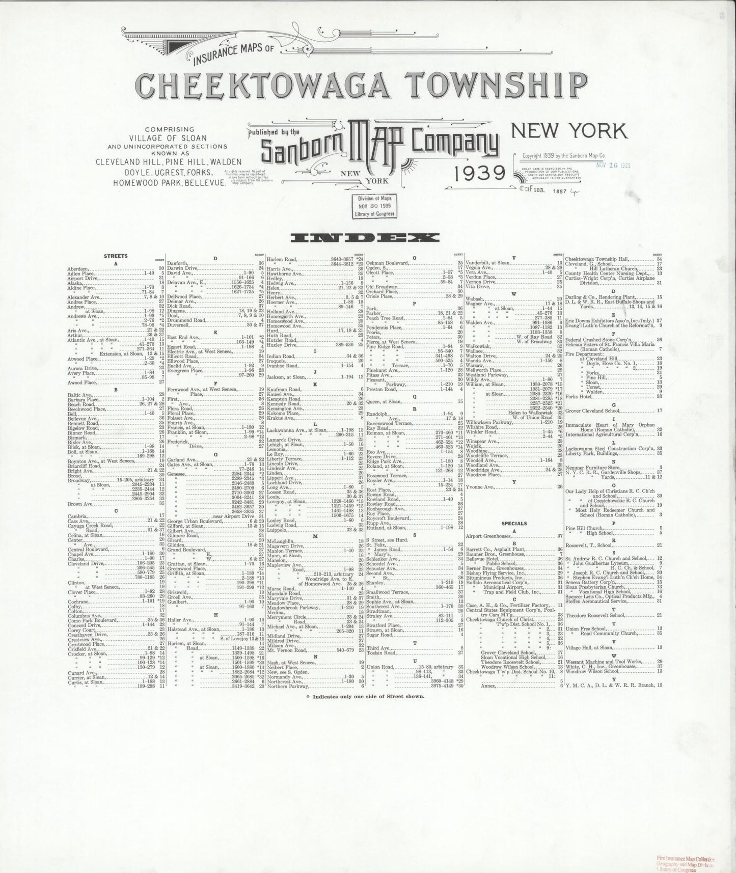 Sanborn Fire Insurance Map from Cheektowaga Township, Erie County, New York. (1939), Sheet 1 – Historic Sanborn Fire Insurance Map Print