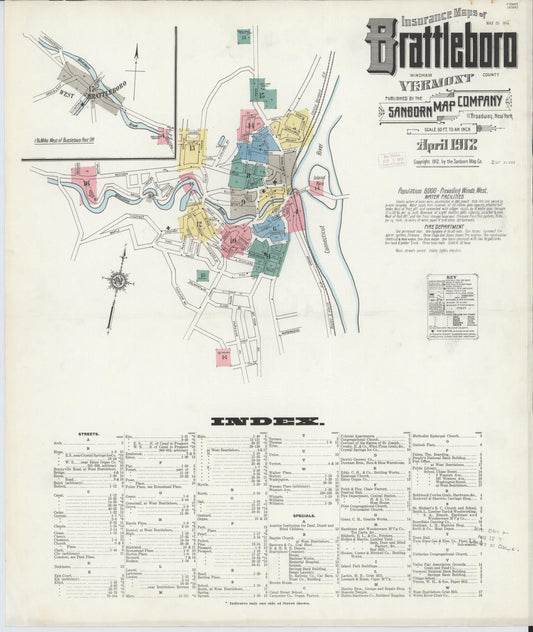Sanborn Fire Insurance Map from Brattleboro, Windham County, Vermont (1912), Sheet #0001 - Complete Map Set gallery image, historic Sanborn map, vintage wall art, Vermont Vermont