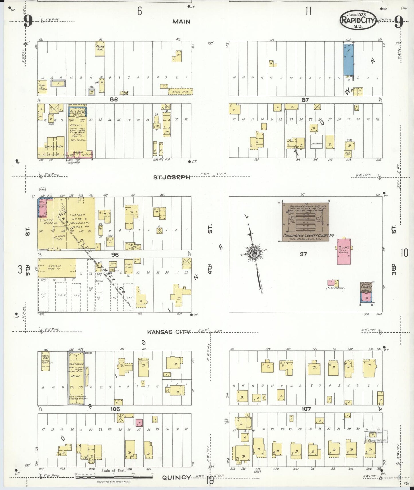 Sanborn Fire Insurance Map from Rapid City, Pennington County, South Dakota (1923), Sheet #0009 - Historic Sanborn Fire Insurance Map Print, vintage old map wall art, antique decor, genealogy gift, South Dakota South Dakota map