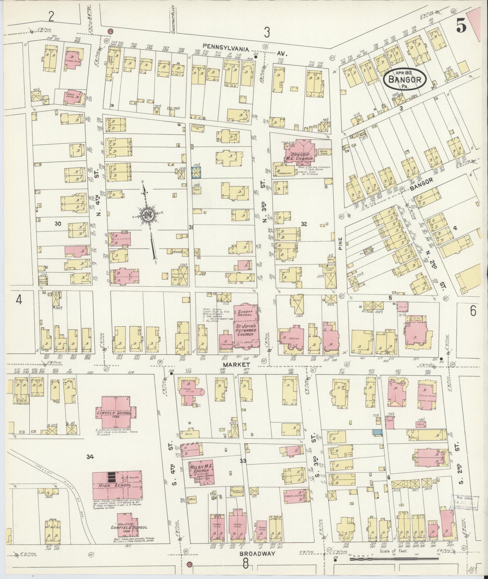 Sanborn Fire Insurance Map from Bangor, Northampton County, Pennsylvania (1912), Sheet #0005 - Historic Sanborn Fire Insurance Map Print, vintage old map wall art, antique decor, genealogy gift, Pennsylvania Pennsylvania map