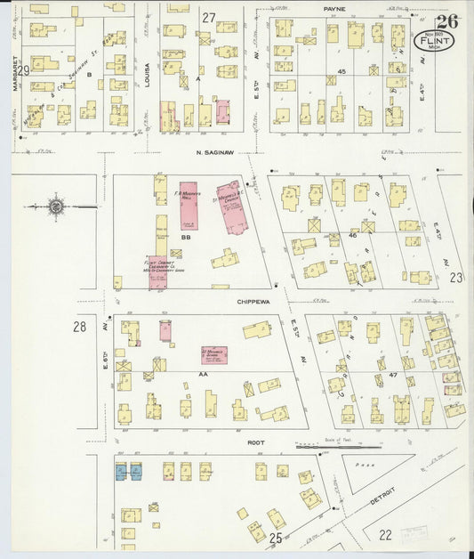 Sanborn Fire Insurance Map from Flint, Genesee County, Michigan (1909), Sheet #0026 - Historic Sanborn Fire Insurance Map Print, vintage old map wall art, antique decor, genealogy gift, Michigan Michigan map