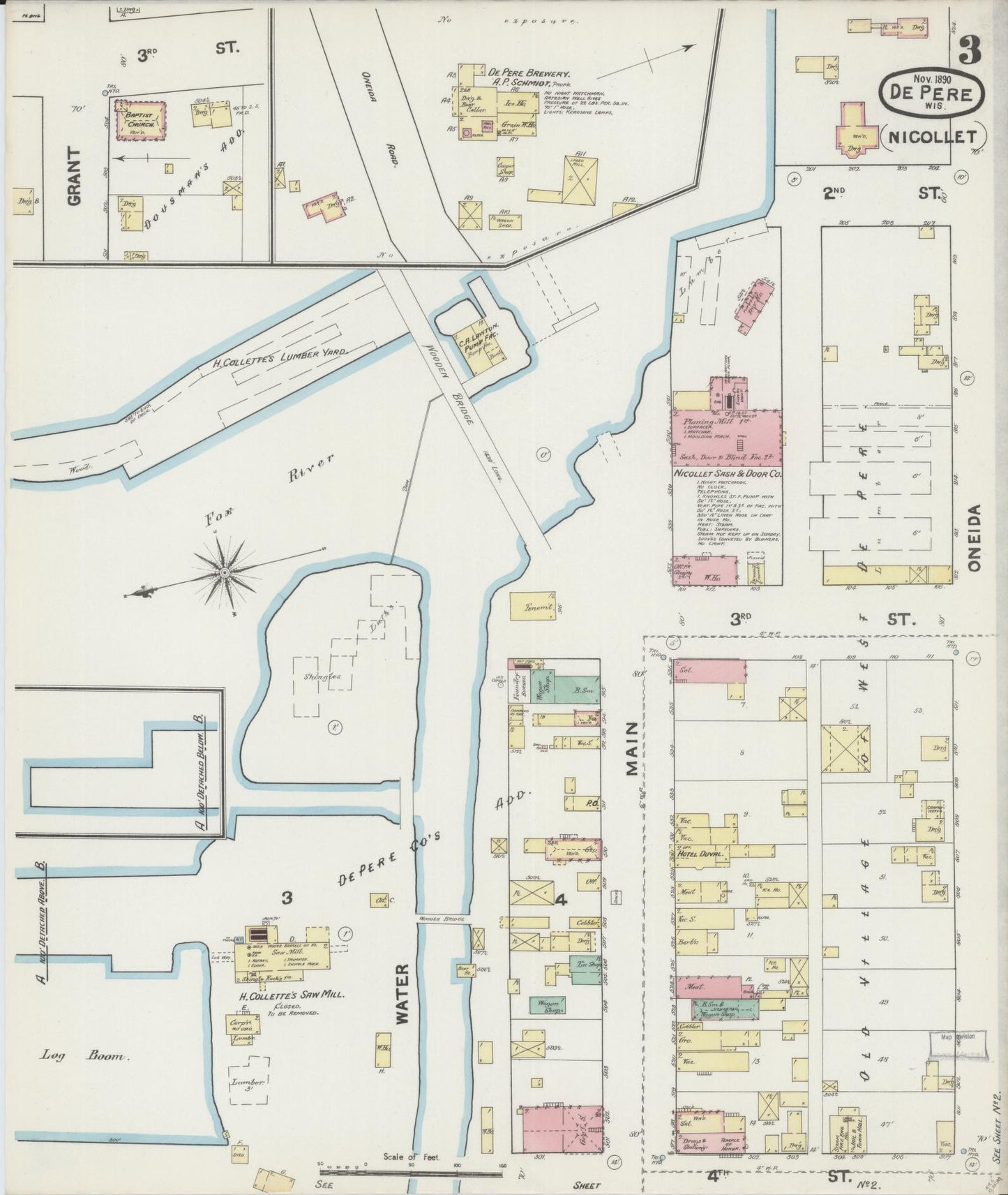 Sanborn Fire Insurance Map from De Pere, Brown County, Wisconsin (1890), Sheet #0003 - Historic Sanborn Fire Insurance Map Print, vintage old map wall art, antique decor, genealogy gift, Wisconsin Wisconsin map