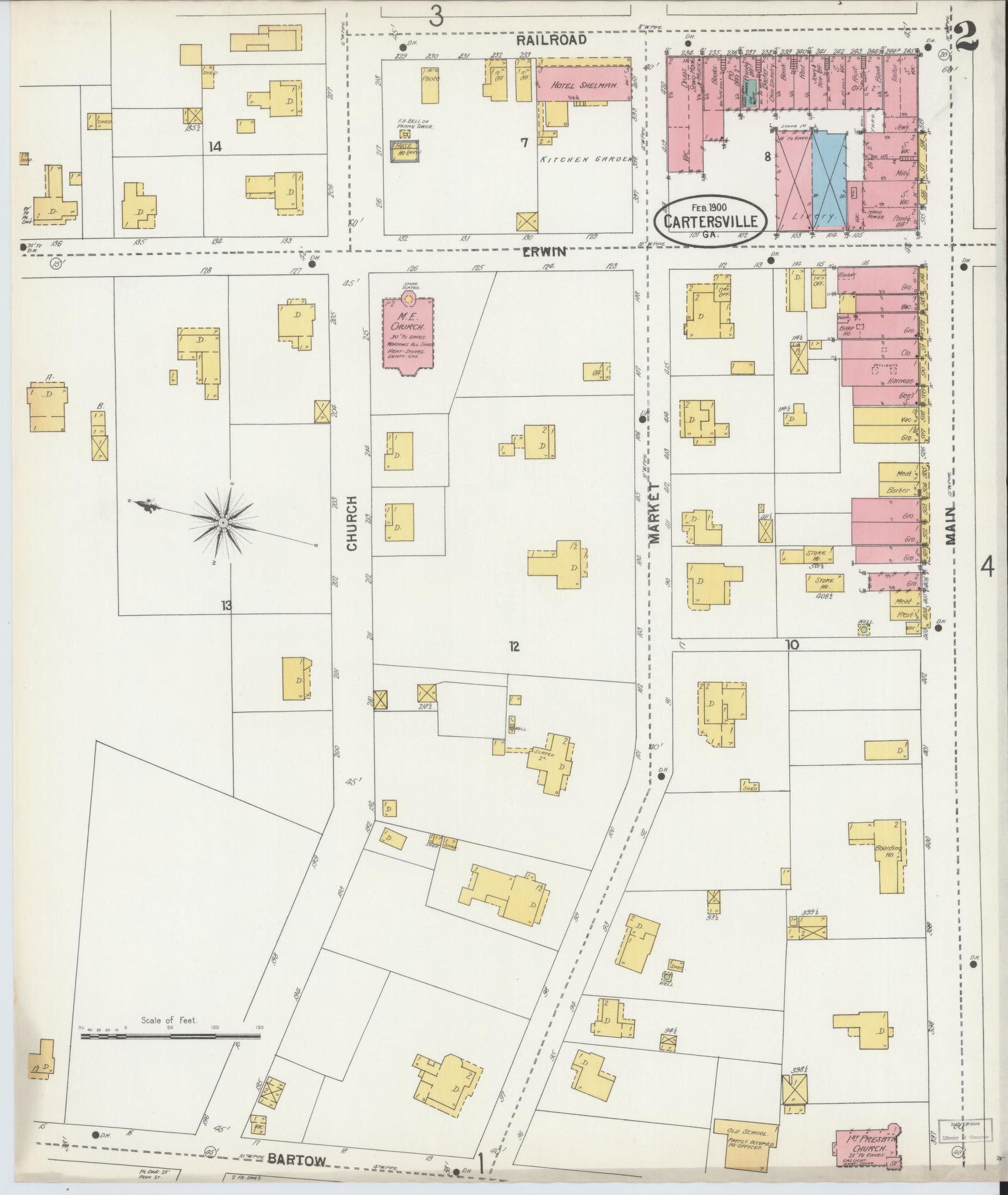 Sanborn Fire Insurance Map from Cartersville, Bartow County, Georgia (1900), Sheet #0002 - Historic Sanborn Fire Insurance Map Print, vintage old map wall art, antique decor, genealogy gift, Georgia Georgia map