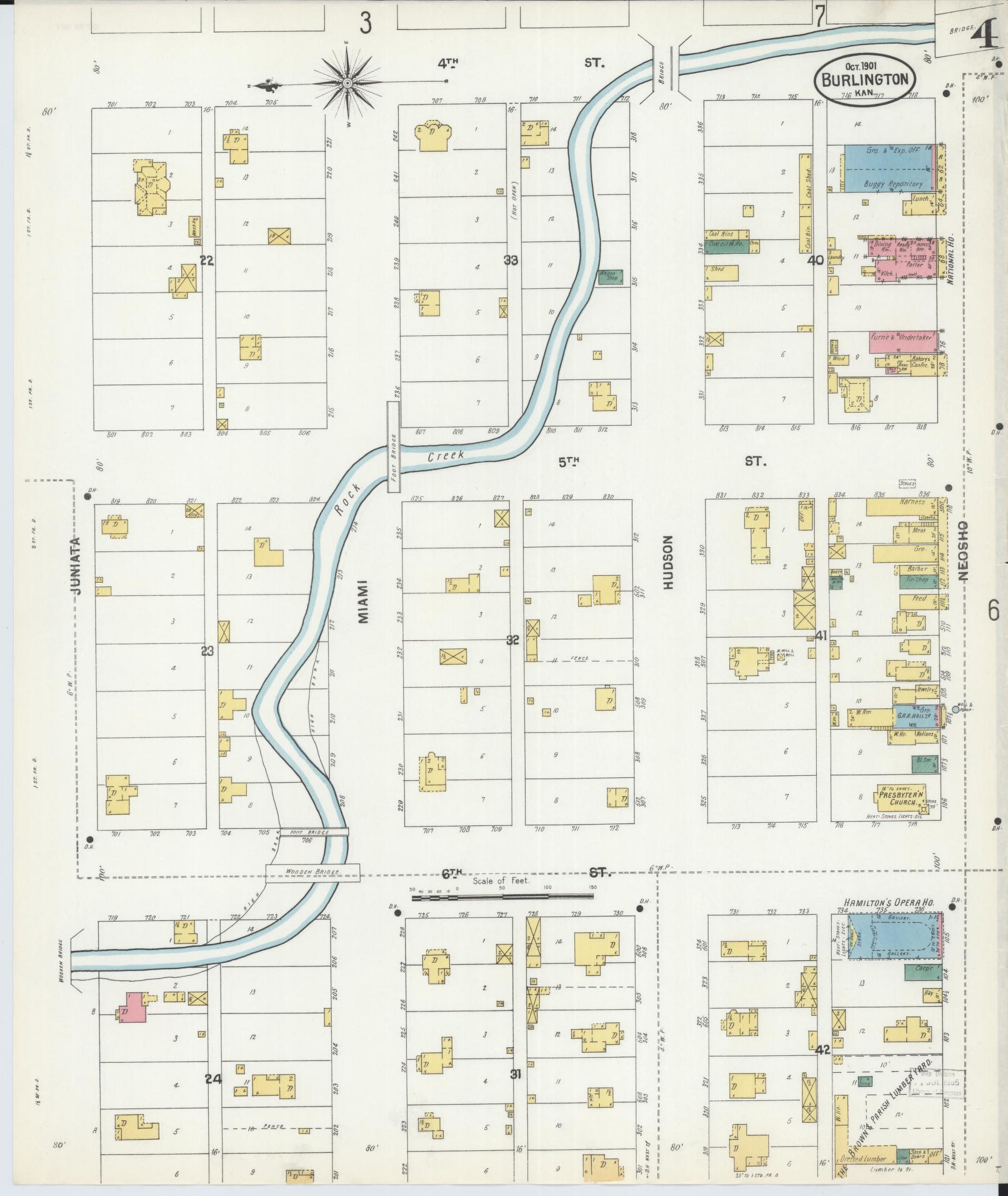 Sanborn Fire Insurance Map from Burlington, Coffey County, Kansas (1901), Sheet #0004 - Historic Sanborn Fire Insurance Map Print, vintage old map wall art, antique decor, genealogy gift, Kansas Kansas map