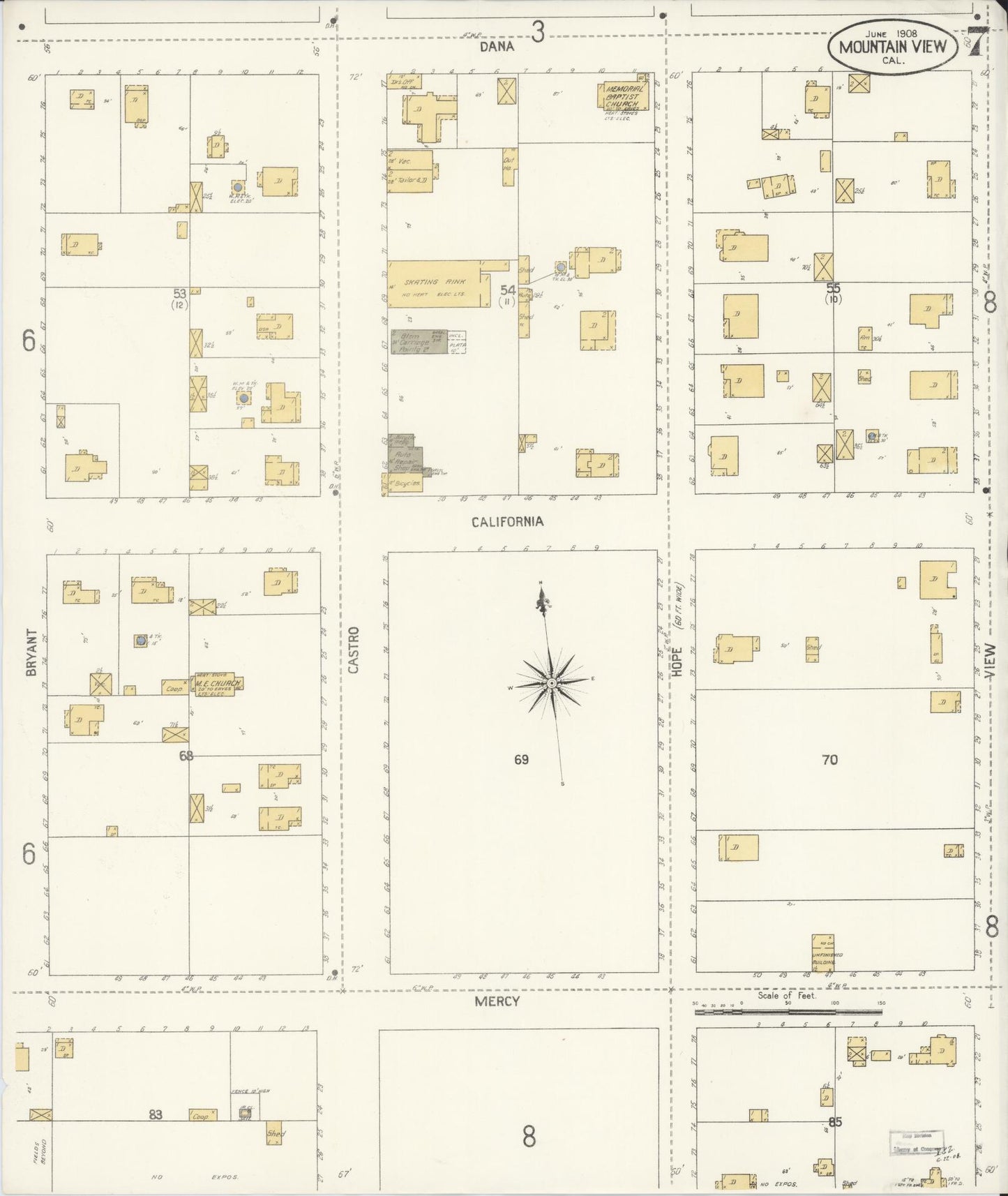 Sanborn Fire Insurance Map from Mountain View, Santa Clara County, California (1908), Sheet #0007 - Complete Map Set gallery image, historic Sanborn map, vintage wall art, California California