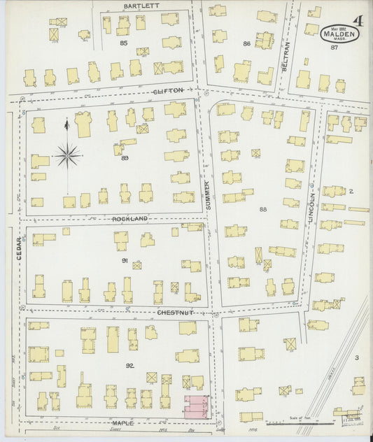 Sanborn Fire Insurance Map from Malden, Middlesex County, Massachusetts (1892), Sheet #0004 - Historic Sanborn Fire Insurance Map Print, vintage old map wall art, antique decor, genealogy gift, Massachusetts Massachusetts map