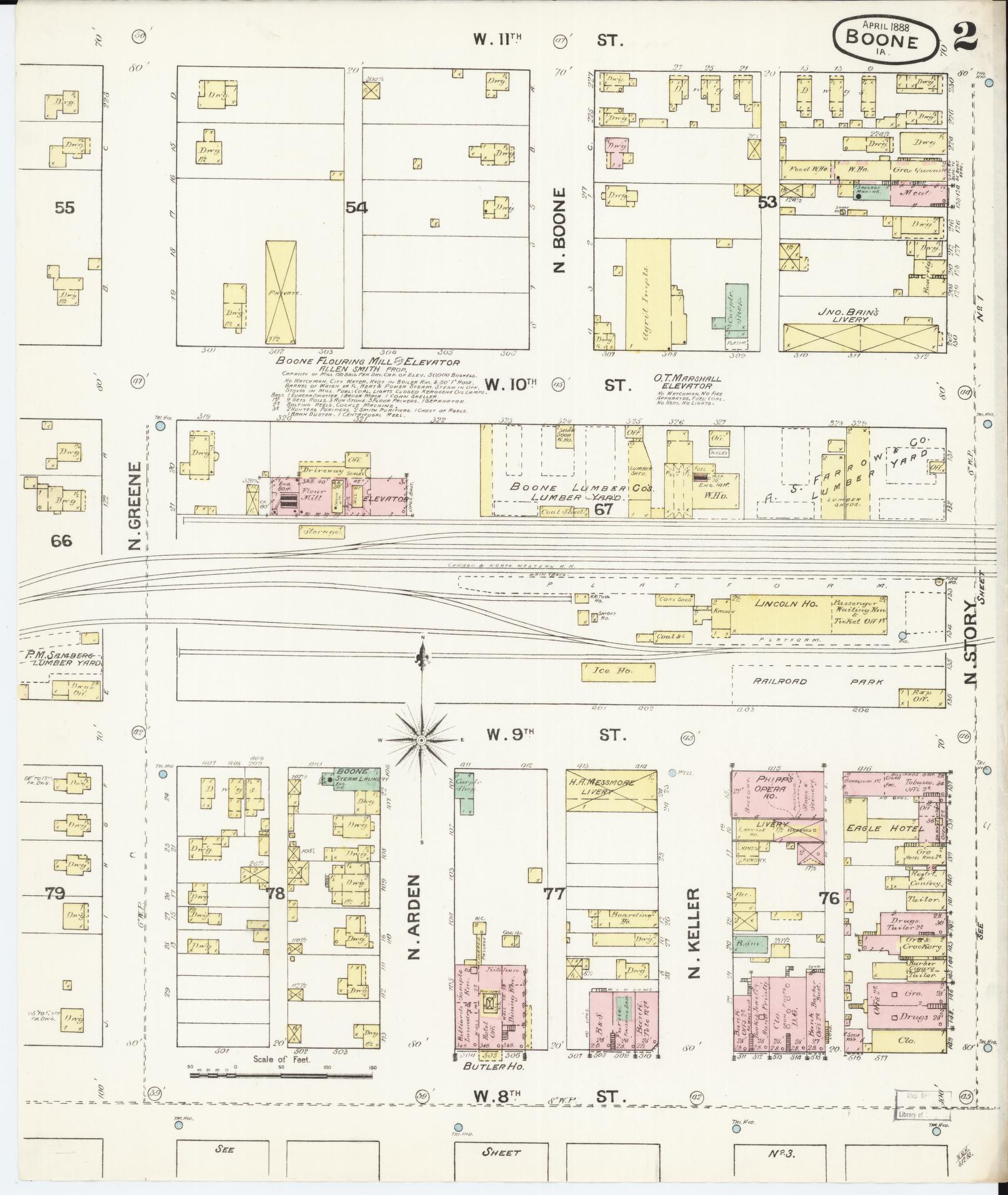 Sanborn Fire Insurance Map from Boone, Boone County, Iowa (1888), Sheet #0002 - Historic Sanborn Fire Insurance Map Print, vintage old map wall art