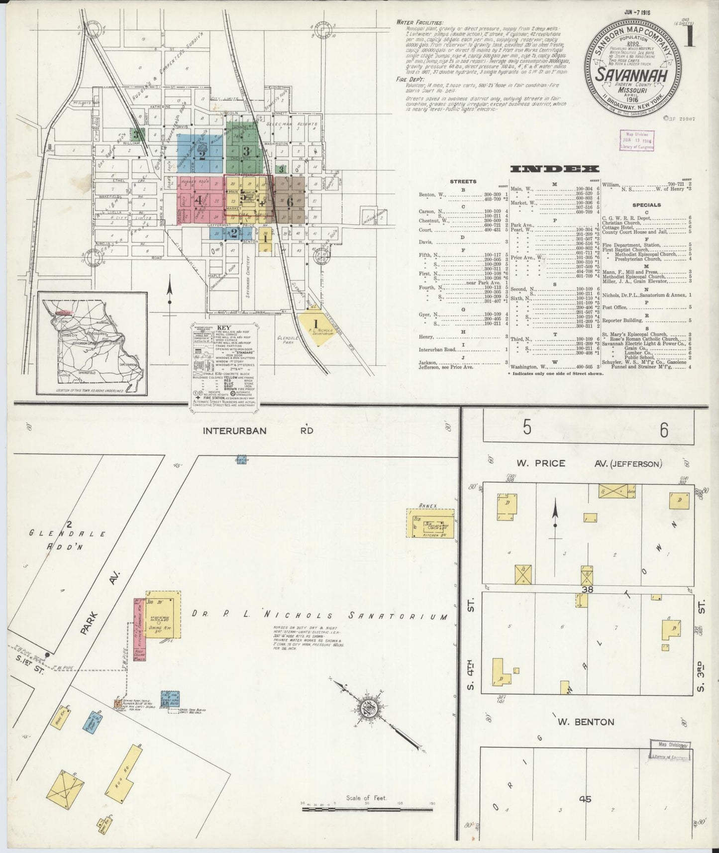 Sanborn Fire Insurance Map from Savannah, Andrew County, Missouri (1916), Sheet #0001 - Historic Sanborn Fire Insurance Map Print, vintage old map wall art, antique decor, genealogy gift, Missouri Missouri map