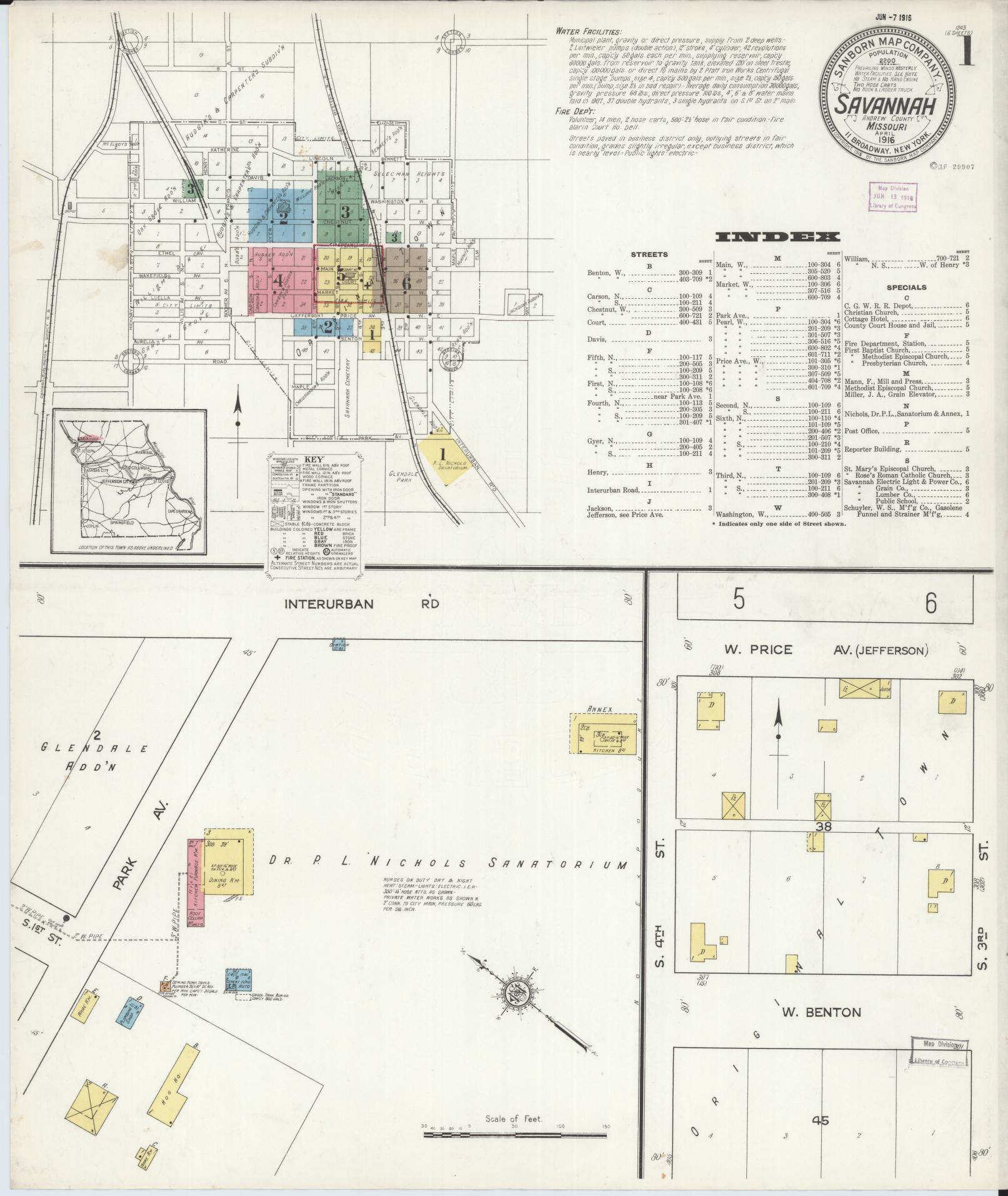 Sanborn Fire Insurance Map from Savannah, Andrew County, Missouri (1916), Sheet #0001 - Historic Sanborn Fire Insurance Map Print, vintage old map wall art, antique decor, genealogy gift, Missouri Missouri map