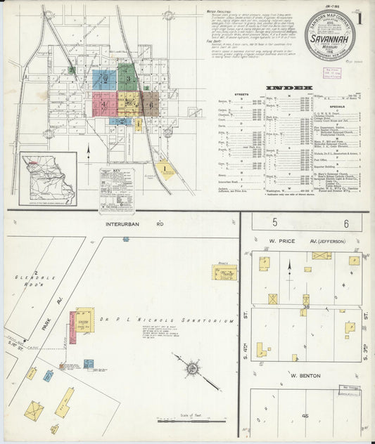 Sanborn Fire Insurance Map from Savannah, Andrew County, Missouri (1916), Sheet #0001 - Historic Sanborn Fire Insurance Map Print, vintage old map wall art, antique decor, genealogy gift, Missouri Missouri map