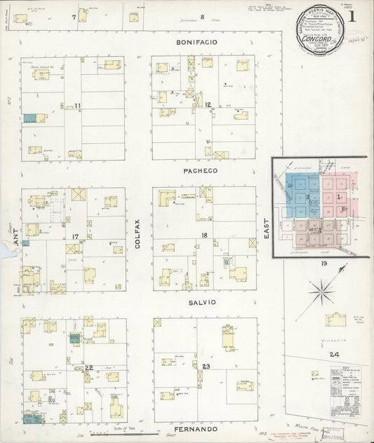 Sanborn Fire Insurance Map from Concord, Contra Costa County, California (1891), Sheet #0001 - Complete Map Set gallery image, historic Sanborn map, vintage wall art, California California