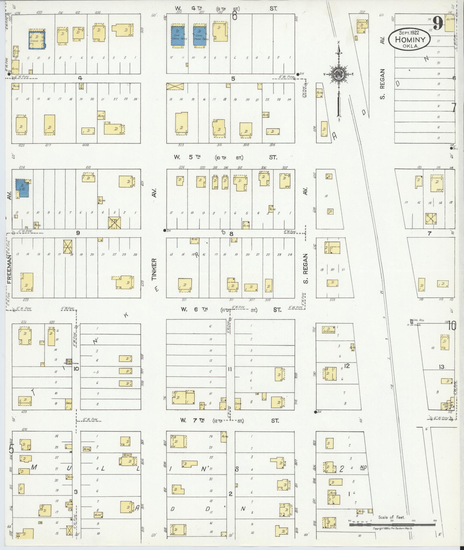 Sanborn Fire Insurance Map from Hominy, Osage County, Oklahoma (1922), Sheet #0009 - Historic Sanborn Fire Insurance Map Print, vintage old map wall art, antique decor, genealogy gift, Oklahoma Oklahoma map