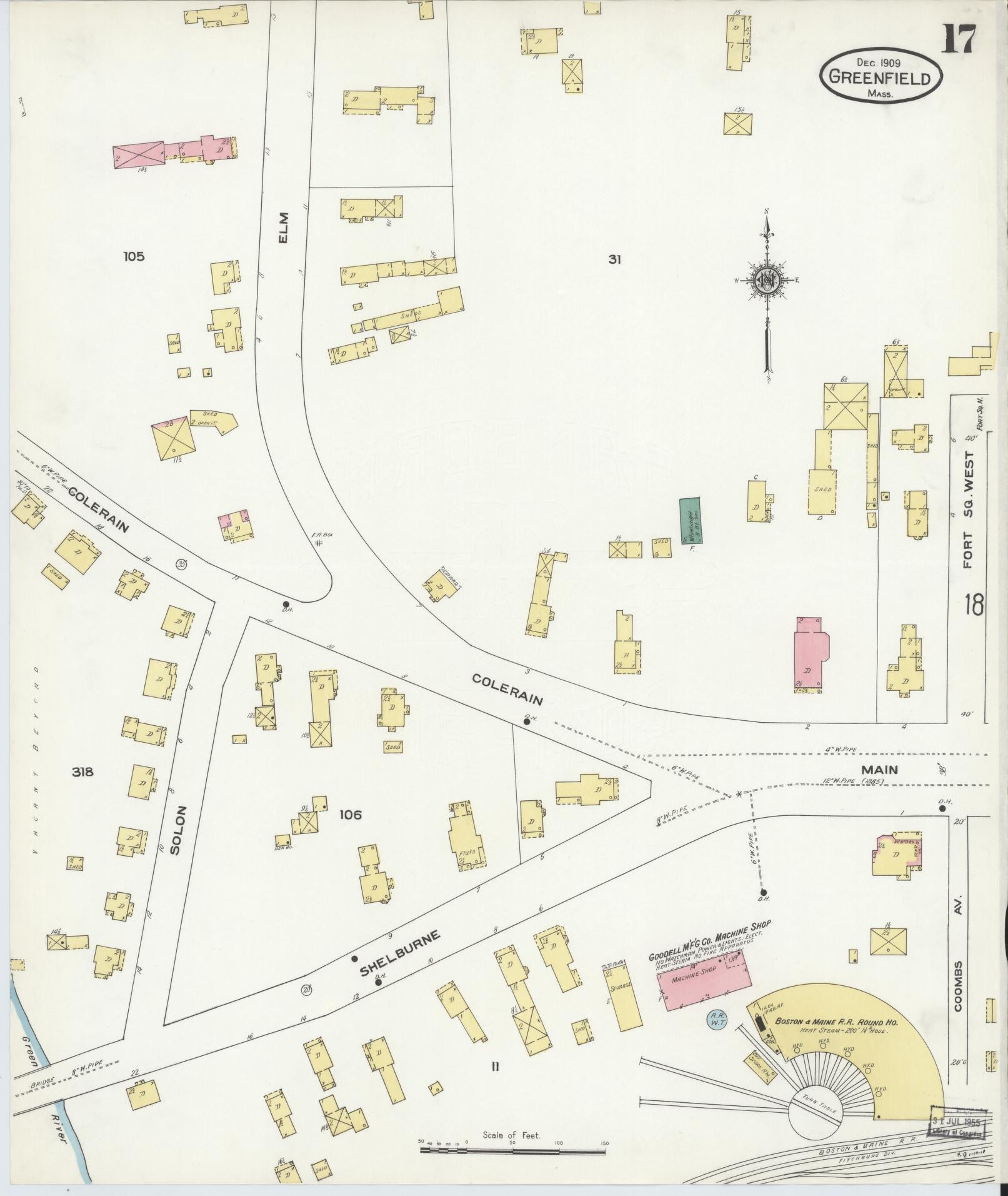 Sanborn Fire Insurance Map from Greenfield, Franklin County, Massachusetts (1909), Sheet #0017 - Complete Map Set gallery image, historic Sanborn map, vintage wall art, Massachusetts Massachusetts