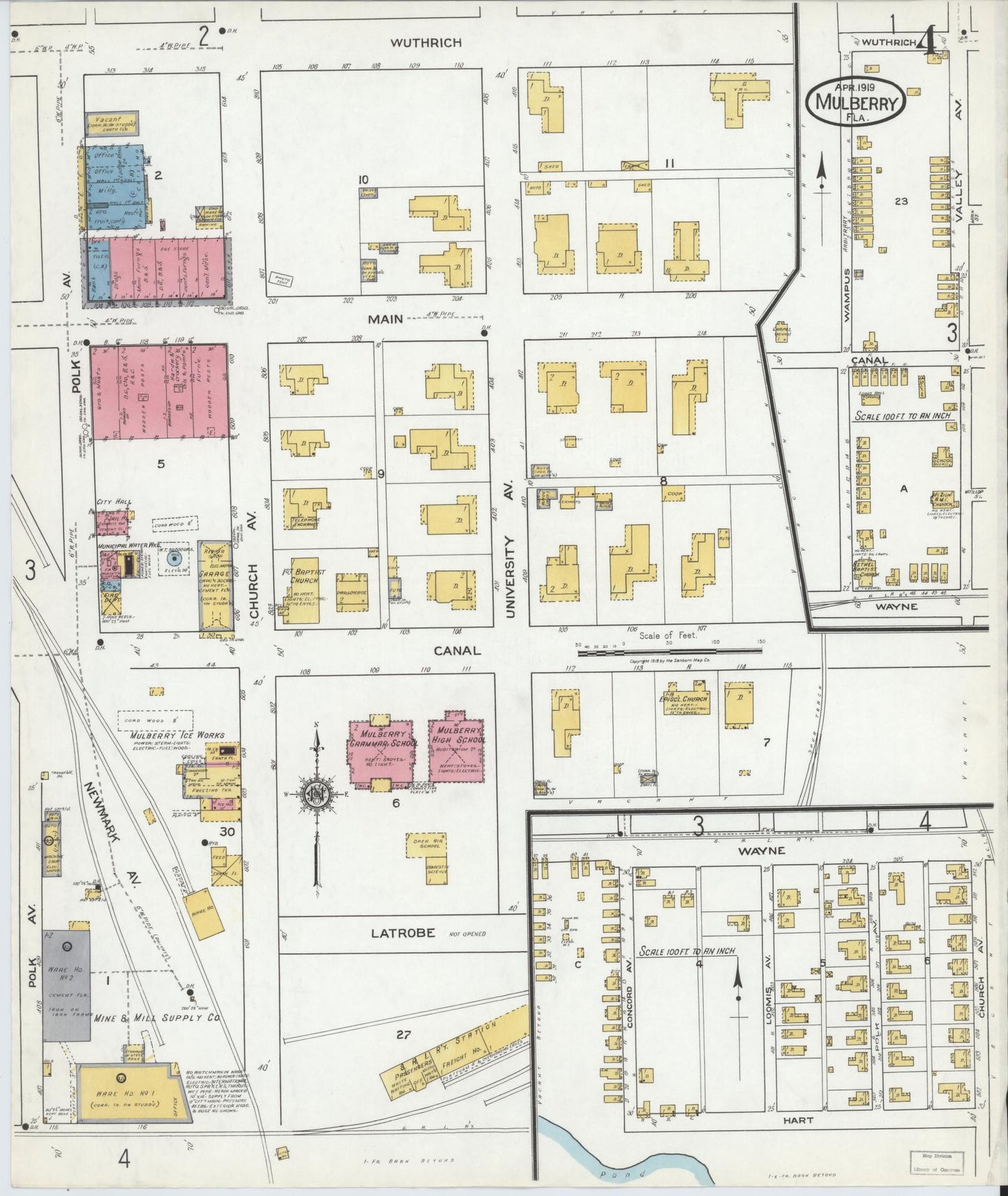 Sanborn Fire Insurance Map from Mulberry, Polk County, Florida (1919), Sheet #0004 - Complete Map Set gallery image, historic Sanborn map, vintage wall art, Florida Florida