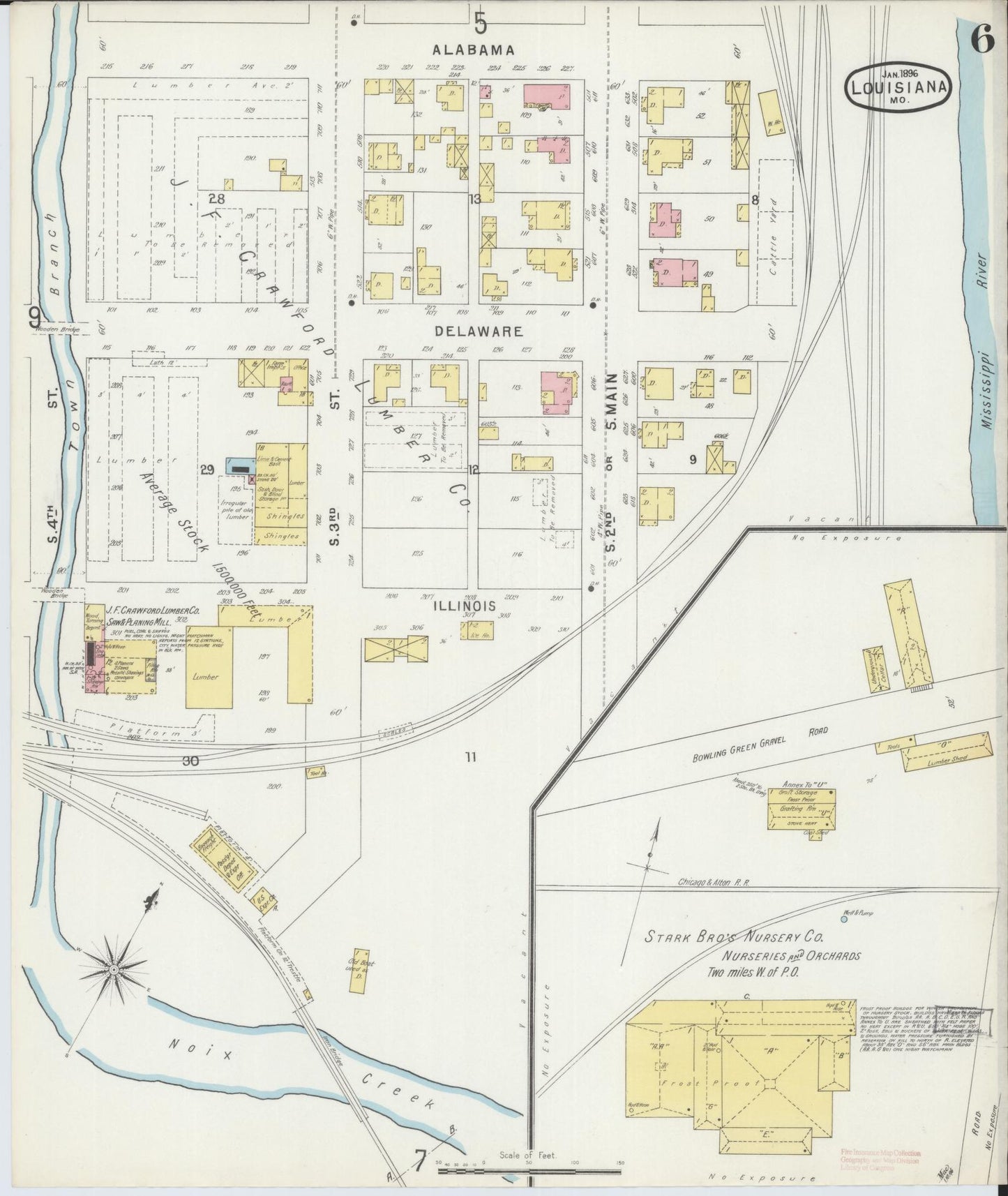 Sanborn Fire Insurance Map from Louisiana, Pike County, Missouri (1896), Sheet #0006 - Complete Map Set gallery image, historic Sanborn map, vintage wall art, Missouri Missouri