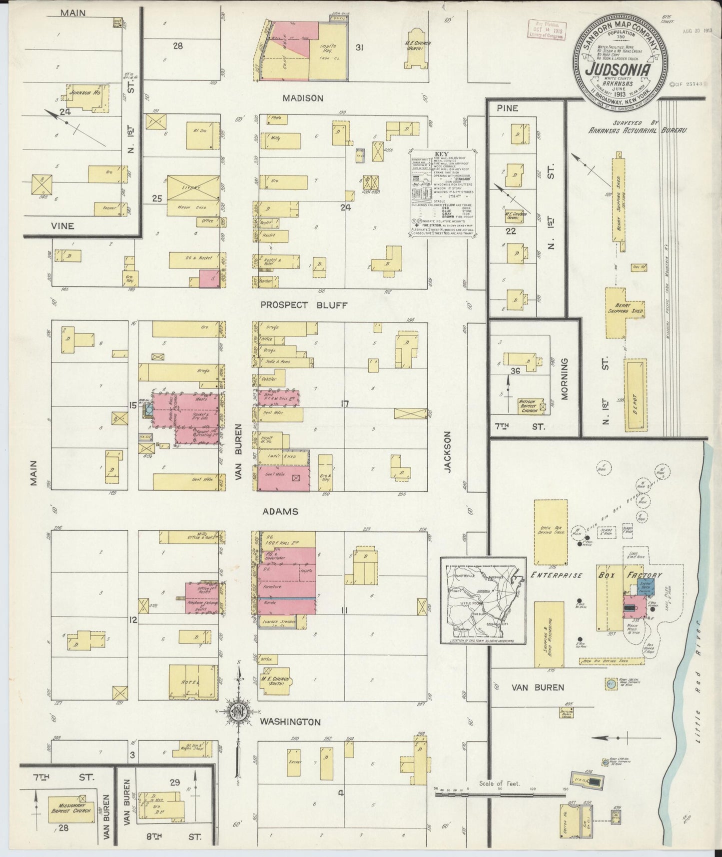Sanborn Fire Insurance Map from Judsonia, White County, Arkansas (1913), Sheet #0001 - Historic Sanborn Fire Insurance Map Print, vintage old map wall art, antique decor, genealogy gift, Arkansas Arkansas map