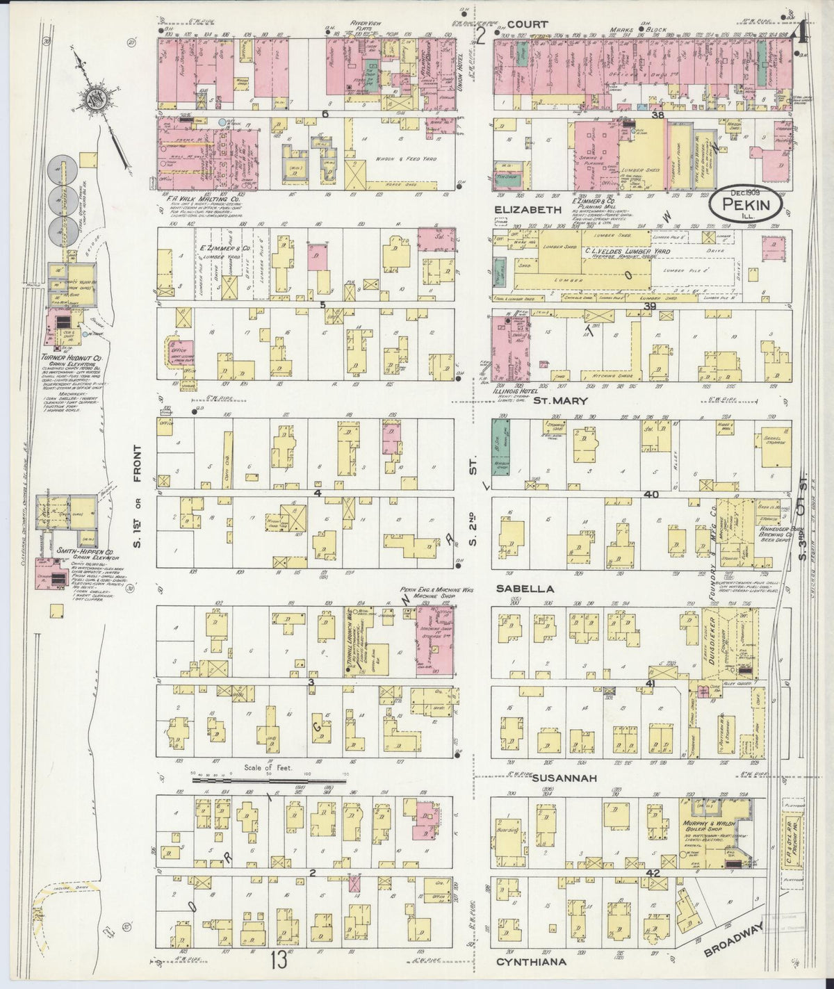 Sanborn Fire Insurance Map from Pekin, Tazewell County, Illinois (1909), Sheet #0004 - Historic Sanborn Fire Insurance Map Print, vintage old map wall art, antique decor, genealogy gift, Illinois Illinois map