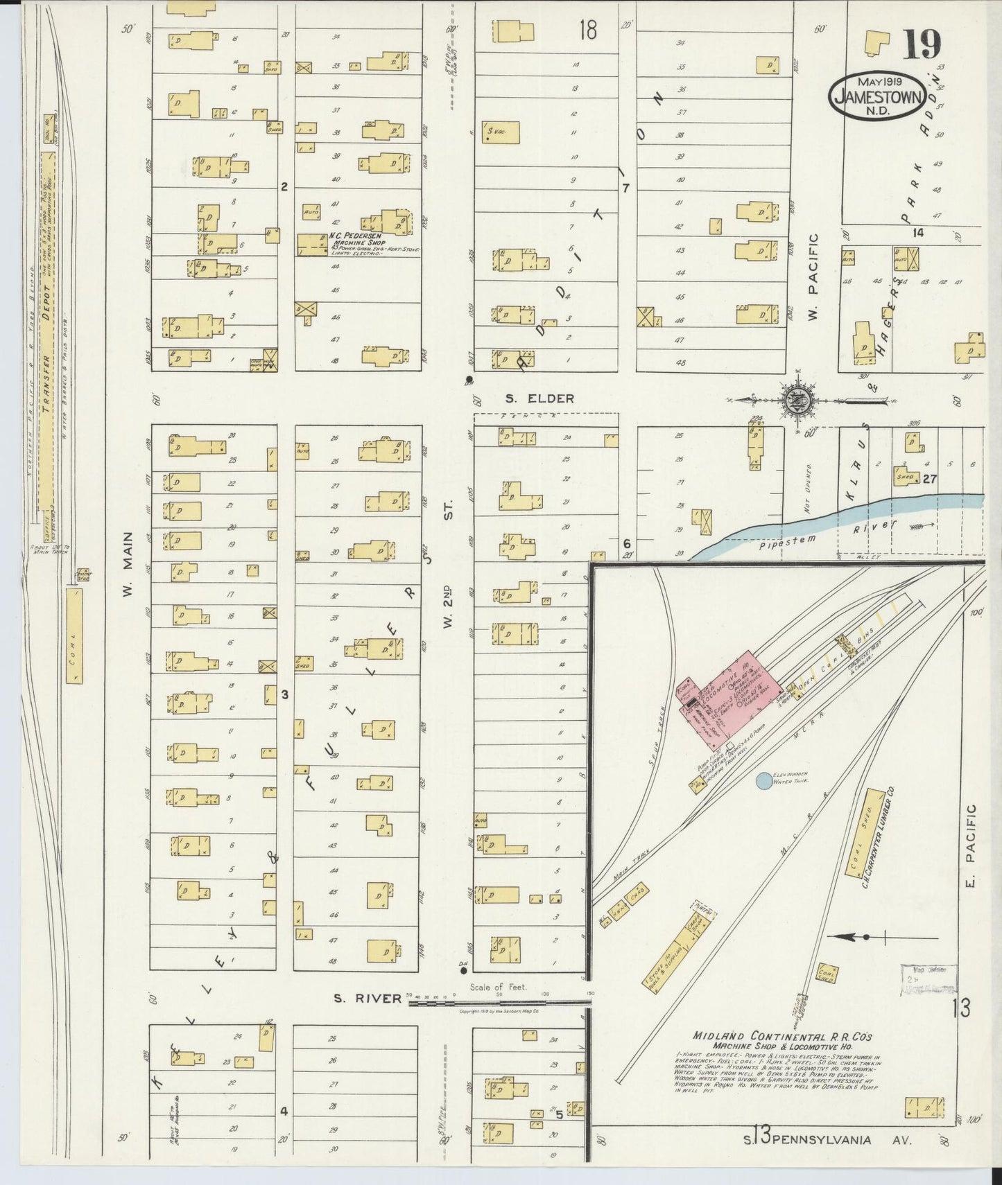 Sanborn Fire Insurance Map from Jamestown, Stutsman County, North Dakota (1919), Sheet #0019 - Complete Map Set gallery image, historic Sanborn map, vintage wall art, North Dakota North Dakota