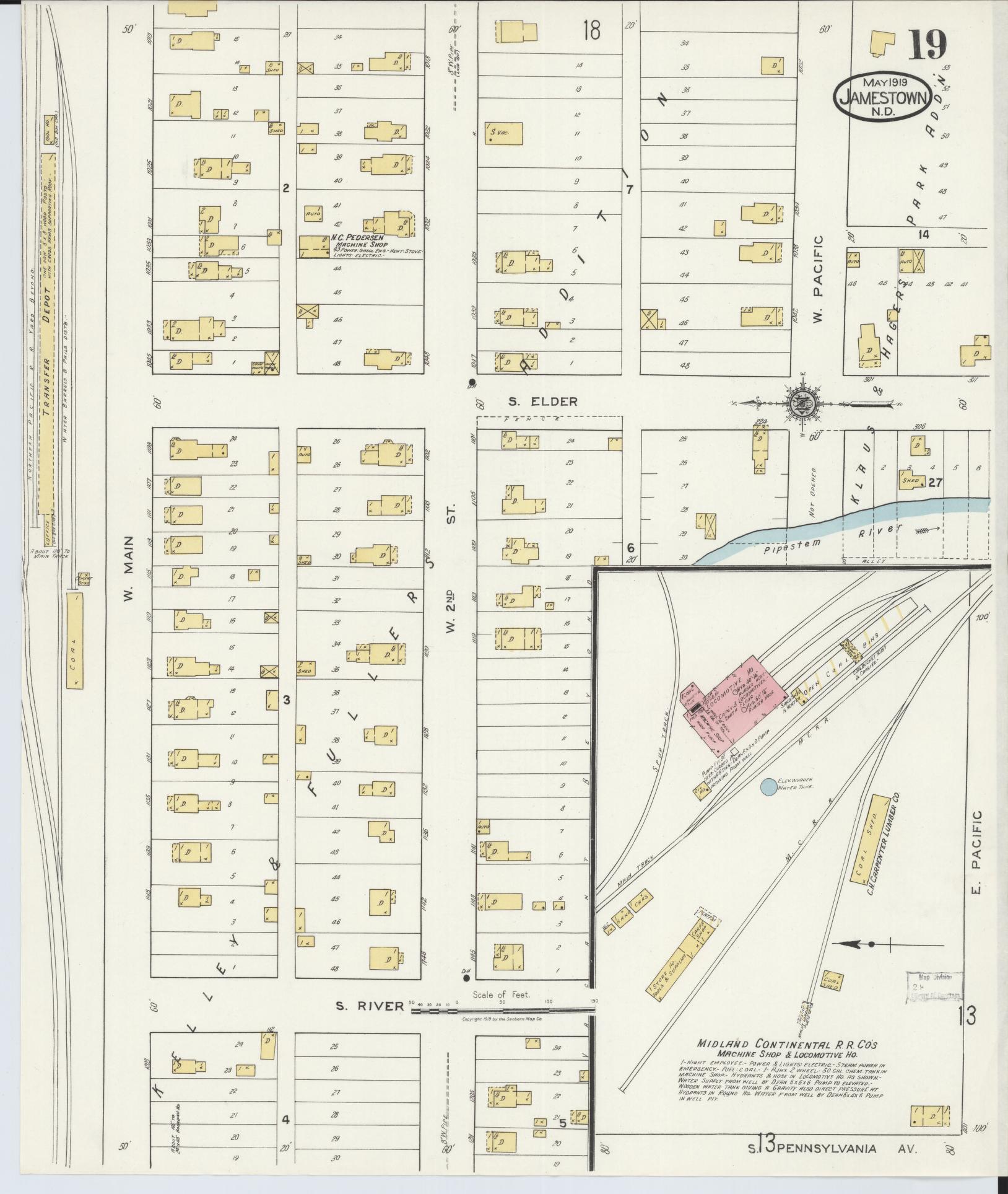 Sanborn Fire Insurance Map from Jamestown, Stutsman County, North Dakota (1919), Sheet #0019 - Complete Map Set gallery image, historic Sanborn map, vintage wall art, North Dakota North Dakota