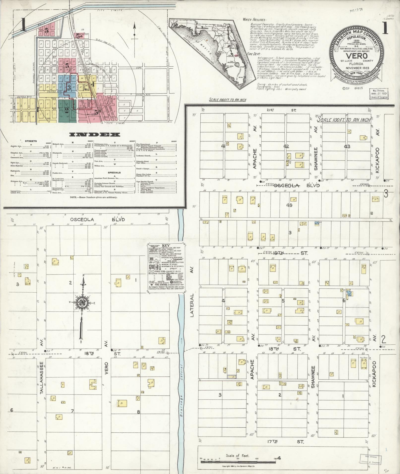 Sanborn Fire Insurance Map from Vero Beach, Indian River County, Florida (1923), Sheet #0001 - Historic Sanborn Fire Insurance Map Print, vintage old map wall art, antique decor, genealogy gift, Florida Florida map