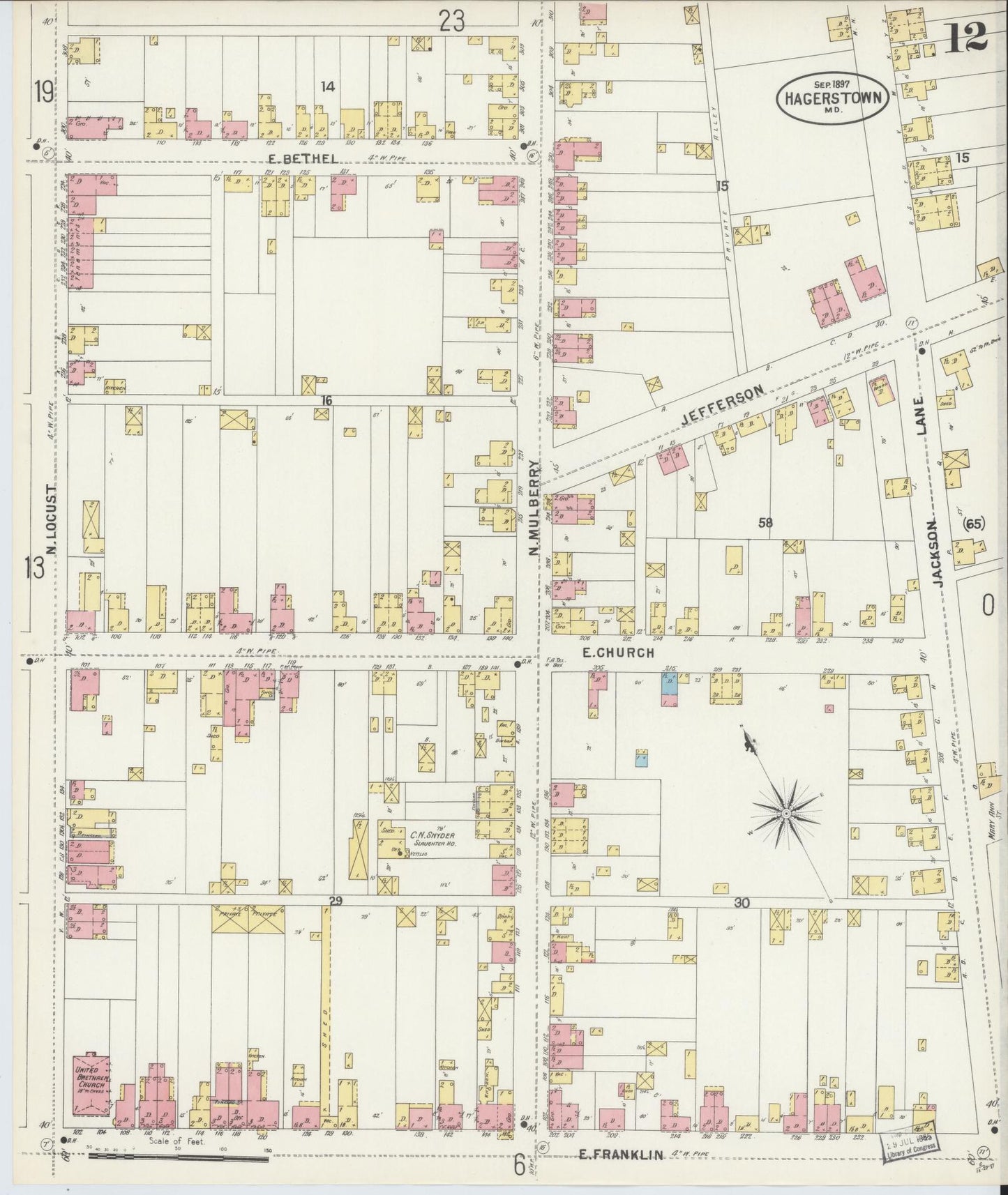 Washington, Maryland - 1897 - Sanborn Fire Insurance Map, Sheet #0012 - Historic Sanborn Fire Insurance Map Print, Washington Maryland 1897 0012 vintage old map wall art