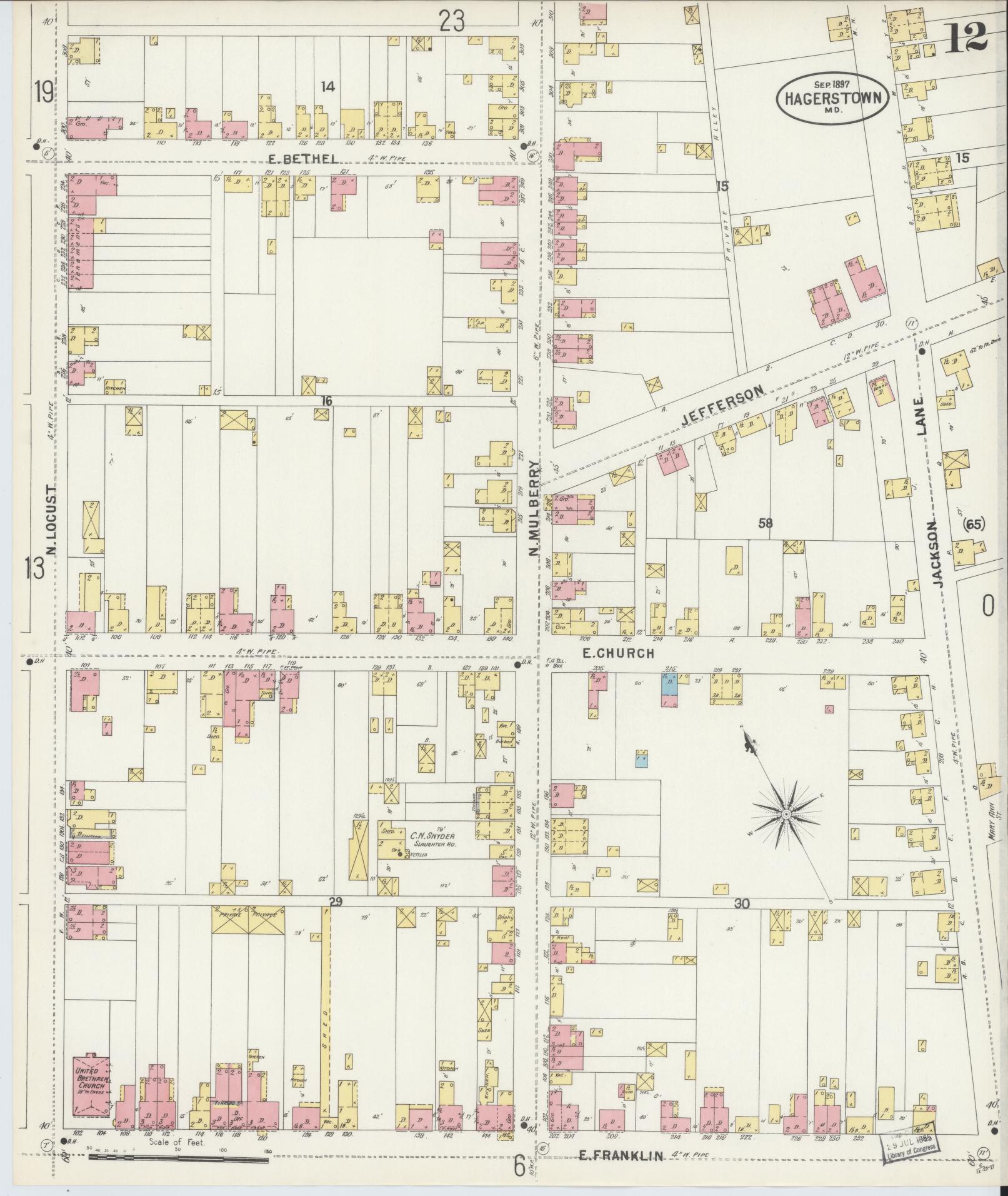 Washington, Maryland - 1897 - Sanborn Fire Insurance Map, Sheet #0012 - Historic Sanborn Fire Insurance Map Print, Washington Maryland 1897 0012 vintage old map wall art