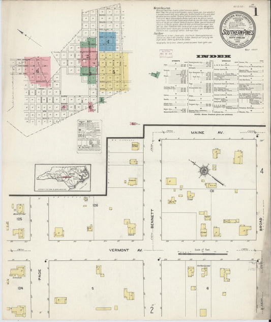 Sanborn Fire Insurance Map from Southern Pines, Moore County, North Carolina (1915), Sheet #0001 - Complete Map Set gallery image, historic Sanborn map, vintage wall art, North Carolina North Carolina