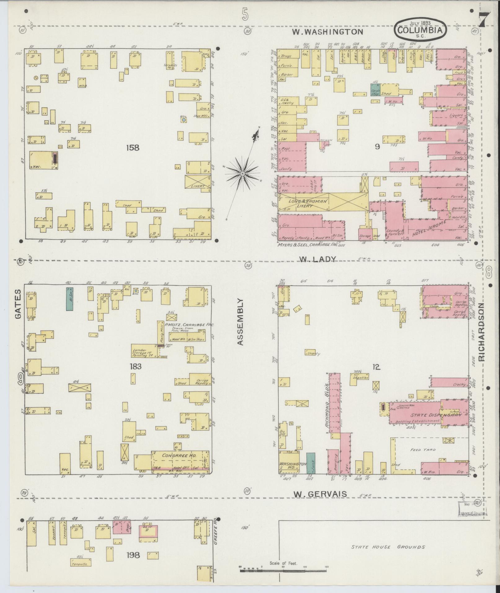 Sanborn Fire Insurance Map from Columbia, Richland County, South Carolina (1893), Sheet #0007 - Historic Sanborn Fire Insurance Map Print, vintage old map wall art, antique decor, genealogy gift, South Carolina South Carolina map