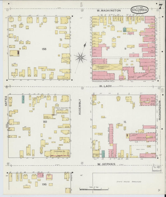 Sanborn Fire Insurance Map from Columbia, Richland County, South Carolina (1893), Sheet #0007 - Historic Sanborn Fire Insurance Map Print, vintage old map wall art, antique decor, genealogy gift, South Carolina South Carolina map