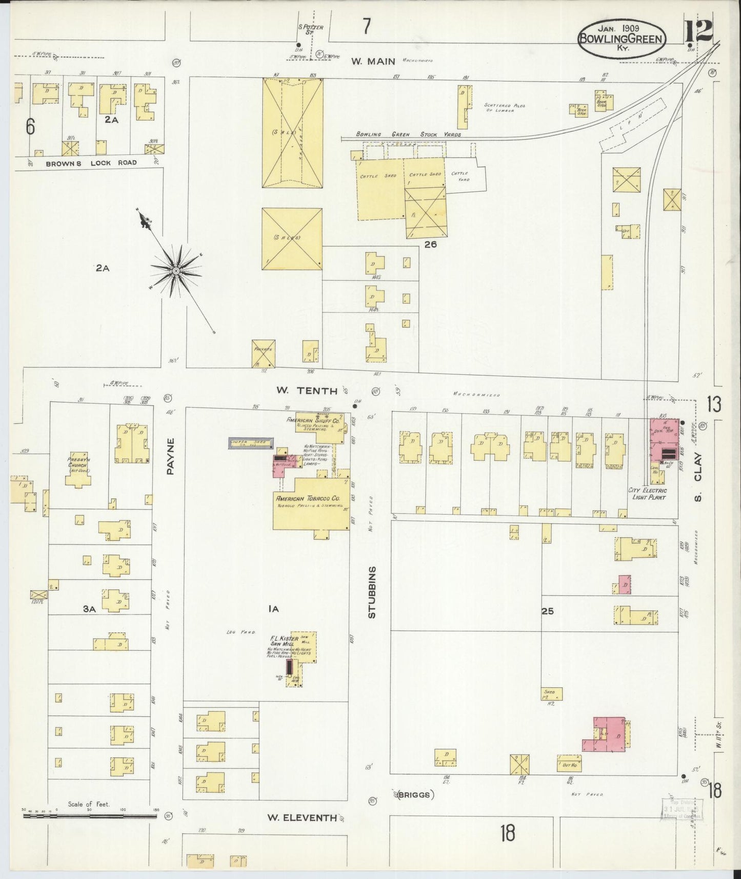 Sanborn Fire Insurance Map from Bowling Green, Warren County, Kentucky (1909), Sheet #0012 - Complete Map Set gallery image, historic Sanborn map, vintage wall art, Kentucky Kentucky