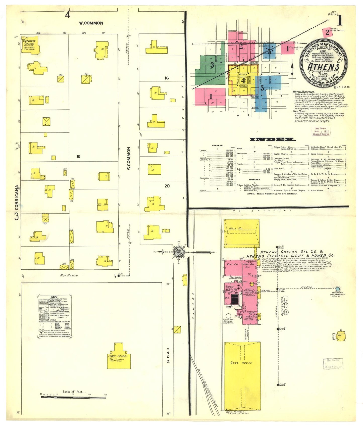 Sanborn Fire Insurance Map from Athens, Henderson County, Texas (1912), Sheet #0001 - Historic Sanborn Fire Insurance Map Print, vintage old map wall art, antique decor, genealogy gift, Texas Texas map