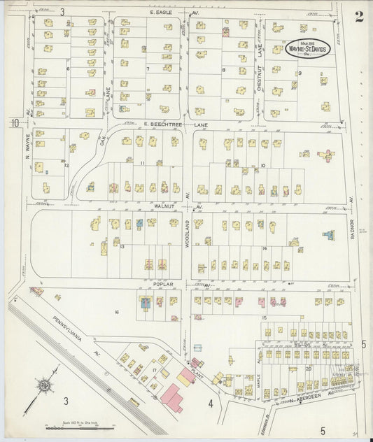 Sanborn Fire Insurance Map from Wayne, Delaware County, Pennsylvania (1914), Sheet #0002 - Historic Sanborn Fire Insurance Map Print, vintage old map wall art, antique decor, genealogy gift, Pennsylvania Pennsylvania map