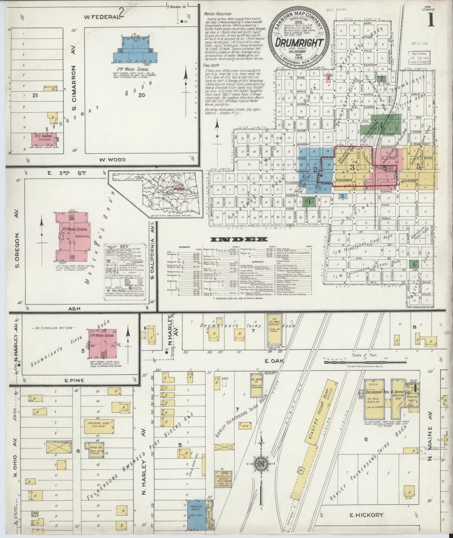 Sanborn Fire Insurance Map from Drumwright, Creek County, Oklahoma (1918), Sheet #0001 - Complete Map Set gallery image, historic Sanborn map, vintage wall art, Oklahoma Oklahoma