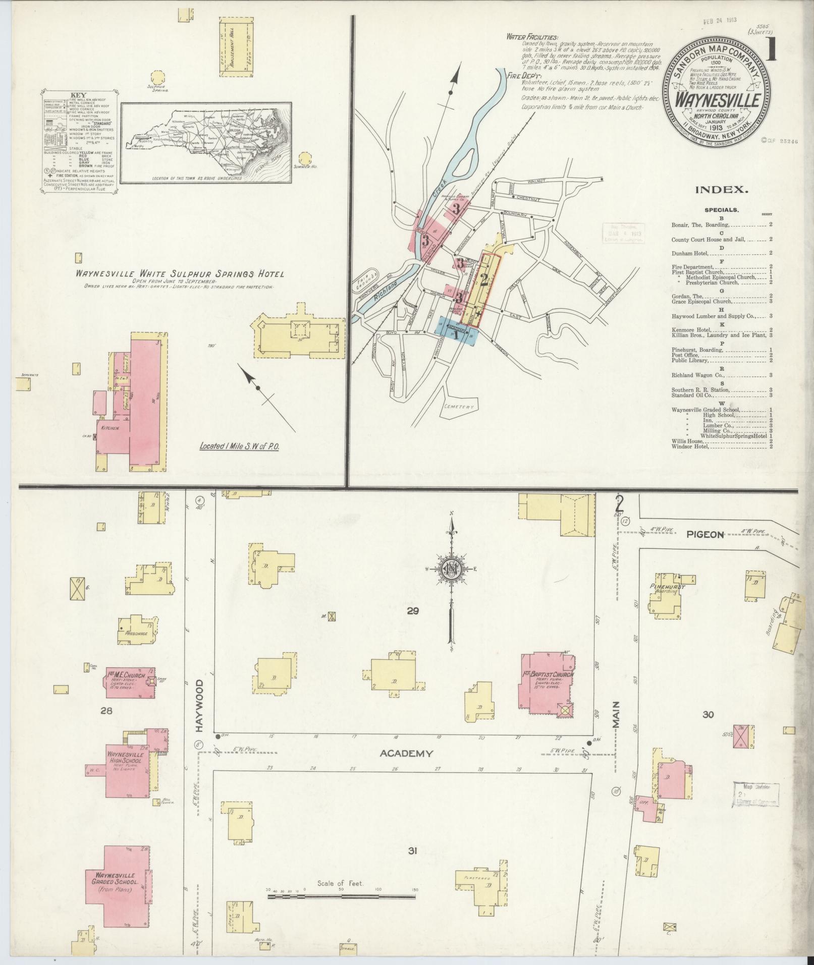 Sanborn Fire Insurance Map from Waynesville, Haywood County, North Carolina (1913), Sheet #0001 - Complete Map Set gallery image, historic Sanborn map, vintage wall art, North Carolina North Carolina