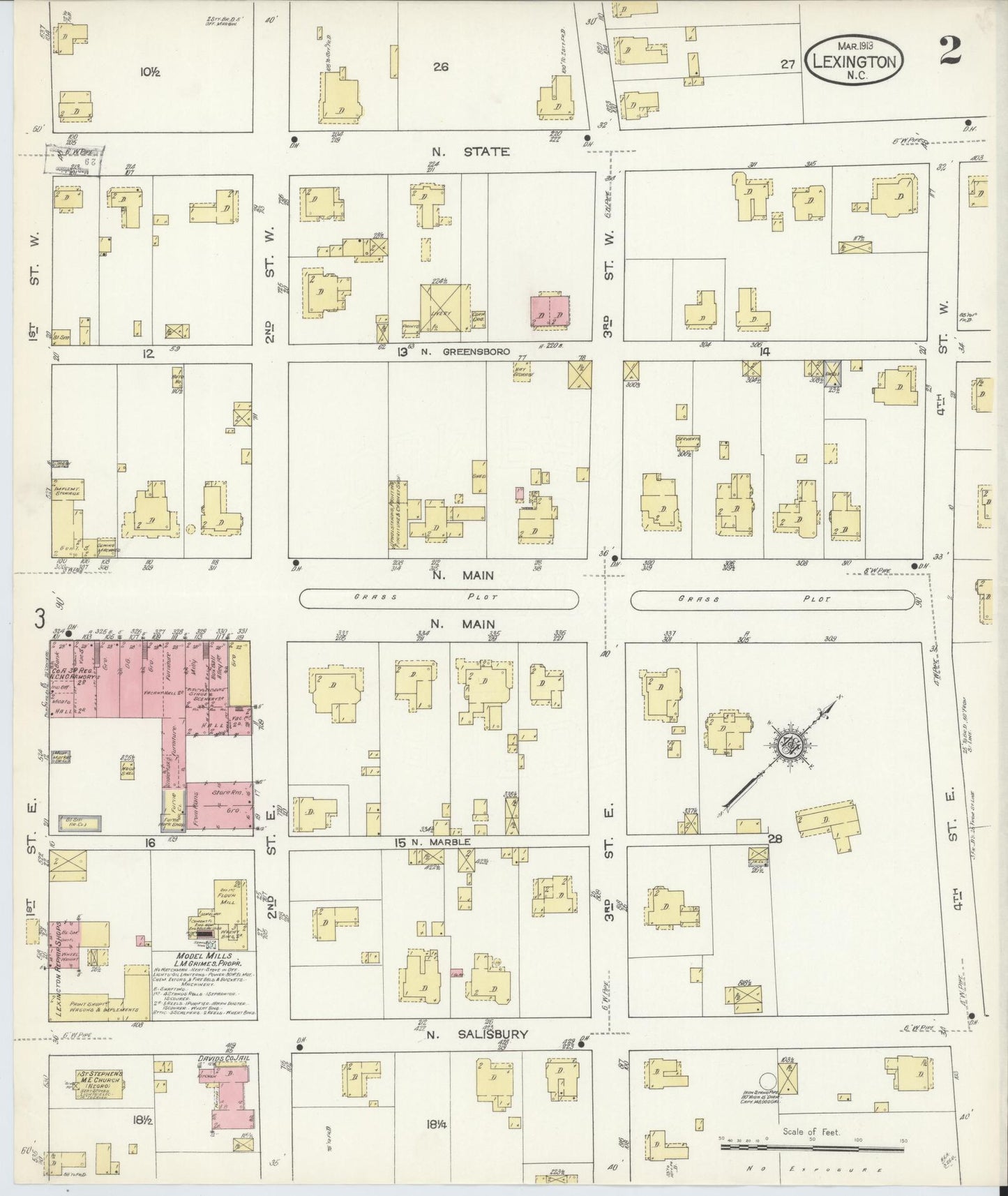 Sanborn Fire Insurance Map from Lexington, Davidson County, North Carolina (1913), Sheet #0002 - Historic Sanborn Fire Insurance Map Print, vintage old map wall art, antique decor, genealogy gift, North Carolina North Carolina map