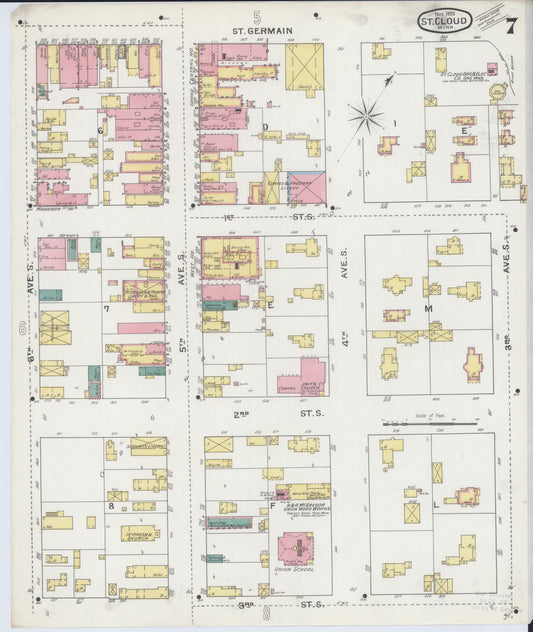 Sanborn Fire Insurance Map from Saint Cloud, Stearns, Benton, and Sherburne Counties, Minnesota (1893), Sheet #0007 - Historic Sanborn Fire Insurance Map Print, vintage old map wall art, antique decor, genealogy gift, Minnesota Minnesota map