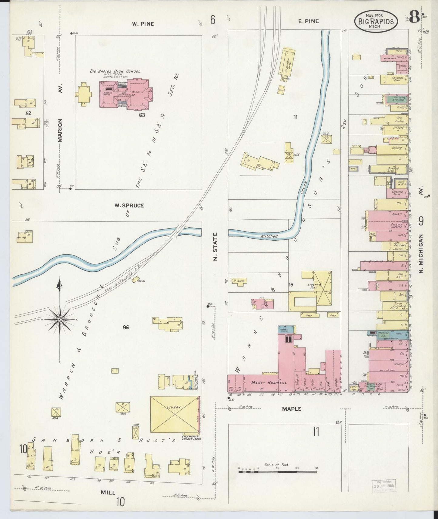 Sanborn Fire Insurance Map from Big Rapids, Mecosta County, Michigan (1908), Sheet #0008 - Complete Map Set gallery image, historic Sanborn map, vintage wall art, Michigan Michigan