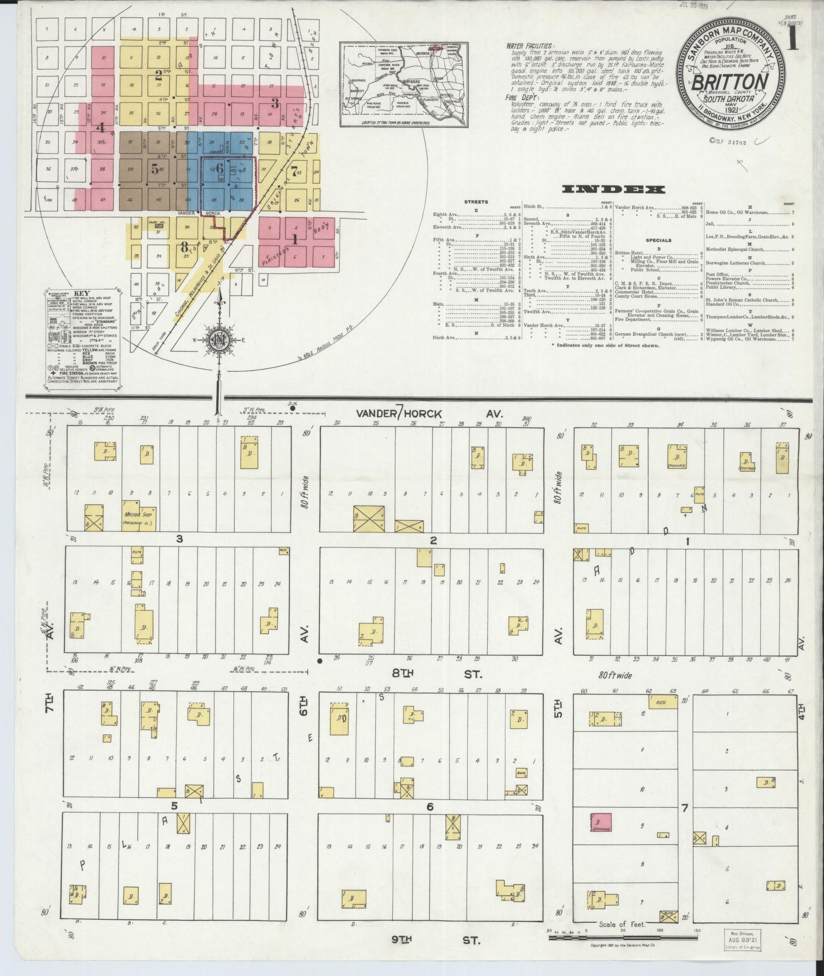 Sanborn Fire Insurance Map from Britton, Marshall County, South Dakota (1921), Sheet #0001 - Historic Sanborn Fire Insurance Map Print, vintage old map wall art, antique decor, genealogy gift, South Dakota South Dakota map