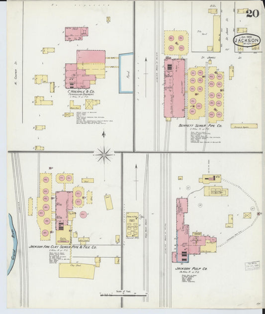 Sanborn Fire Insurance Map from Jackson, Jackson County, Michigan (1893), Sheet #0020 - Historic Sanborn Fire Insurance Map Print, vintage old map wall art, antique decor, genealogy gift, Michigan Michigan map