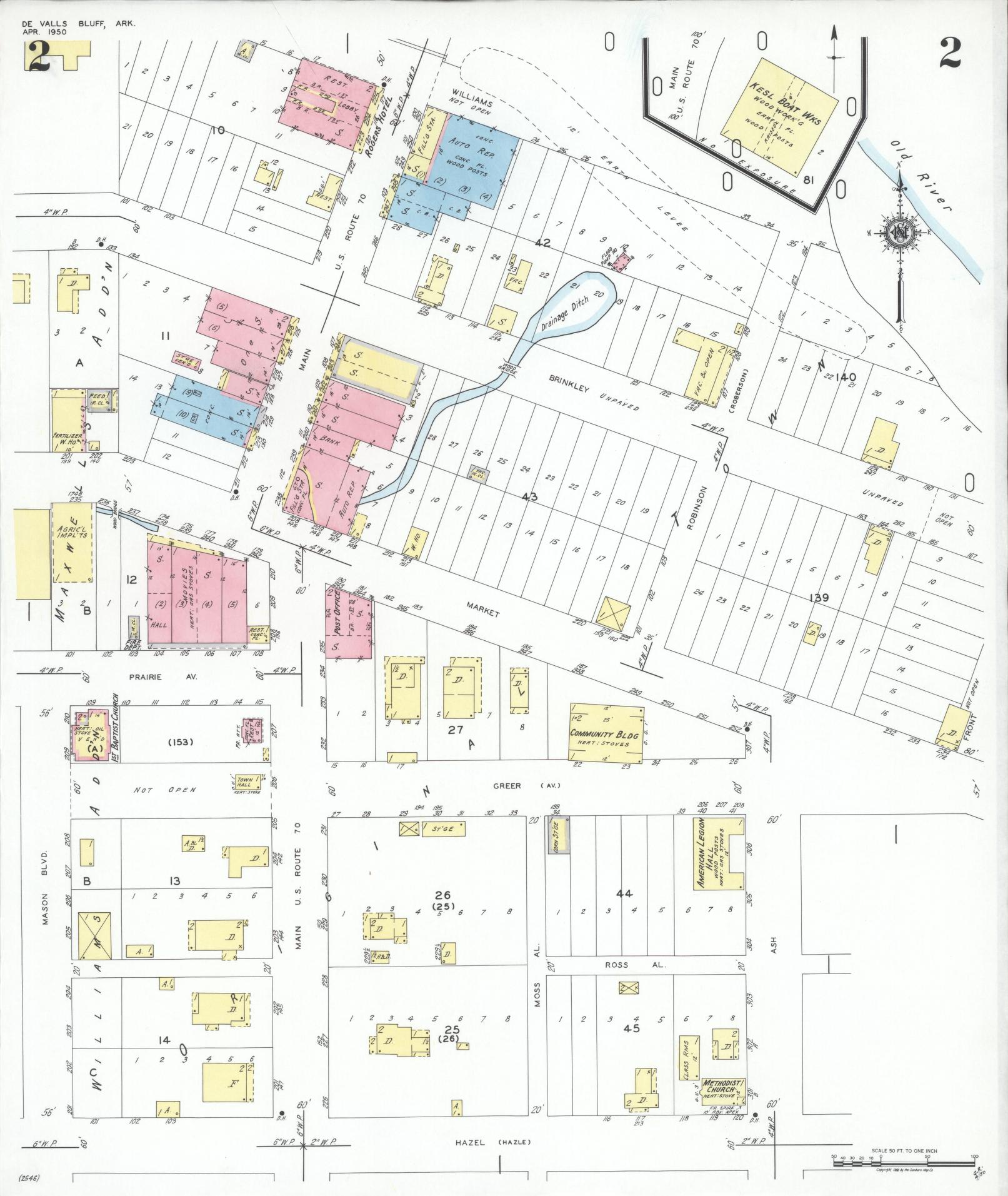 Sanborn Fire Insurance Map from De Valls Bluff, Priairie County, Arkansas (1950), Sheet #0002 - Historic Sanborn Fire Insurance Map Print, vintage old map wall art, antique decor, genealogy gift, Arkansas Arkansas map