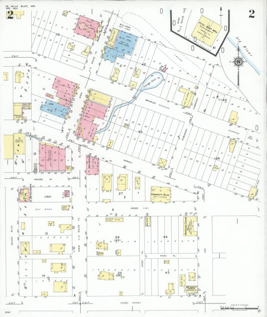 Sanborn Fire Insurance Map from De Valls Bluff, Priairie County, Arkansas (1950), Sheet #0002 - Historic Sanborn Fire Insurance Map Print, vintage old map wall art, antique decor, genealogy gift, Arkansas Arkansas map