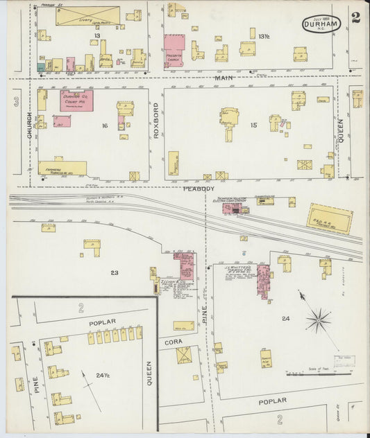 Sanborn Fire Insurance Map from Durham, Durham County, North Carolina (1893), Sheet #0002 - Historic Sanborn Fire Insurance Map Print, vintage old map wall art, antique decor, genealogy gift, North Carolina North Carolina map