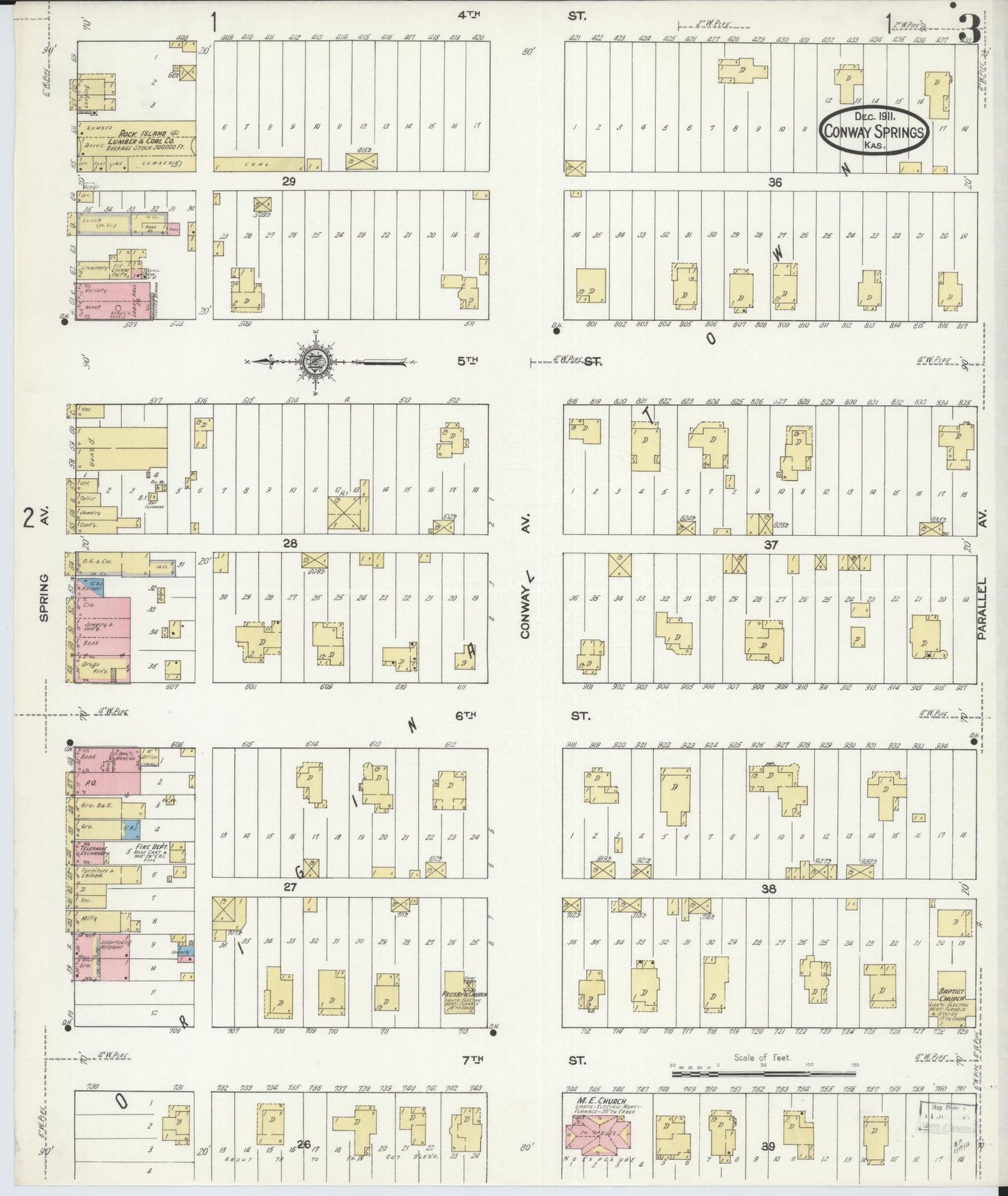 Sanborn Fire Insurance Map from Conway Springs, Summer County, Kansas (1911), Sheet #0003 - Complete Map Set gallery image, historic Sanborn map, vintage wall art, Kansas Kansas